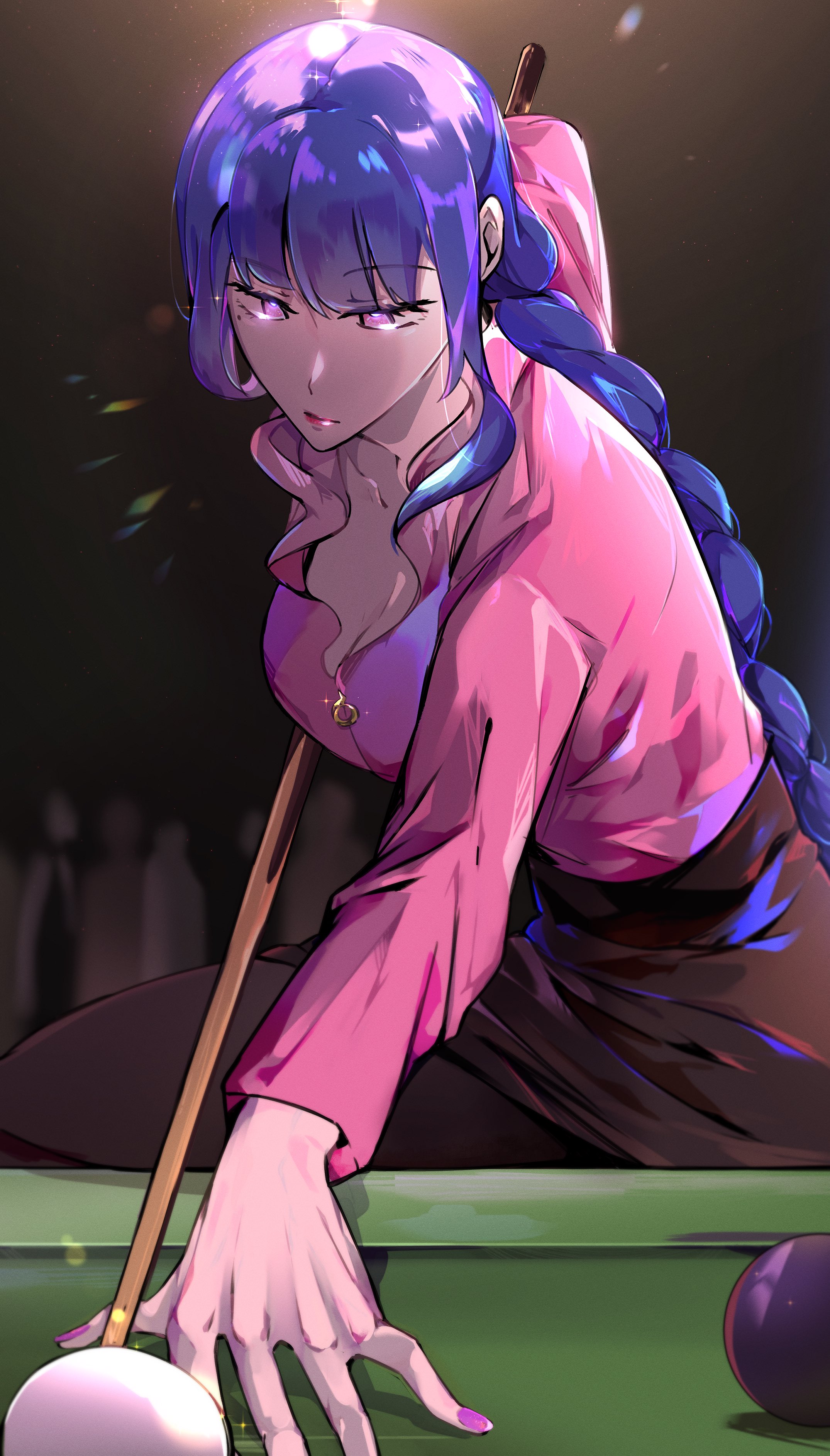 s arrysky90, raiden shogun, genshin impact, absurdres, commentary, english commentary, highres, 1girl, 8-ball, alternate costume, alternate universe, ball, billiard ball, black background, black pantyhose, black skirt, blunt bangs, braid, breasts, cleavage, closed mouth, collarbone, collared shirt, cue stick, dark room, from side, glint, holding cue stick, indoors, large breasts, light particles, long braid, long hair, looking down, mole, mole under eye, multicolored hair, multiple others, pantyhose, pink lips, pink shirt, playing games, pool table, purple eyes, purple hair, purple nails, shade, shirt, single braid, skirt, solo focus, table, thighs, zipper