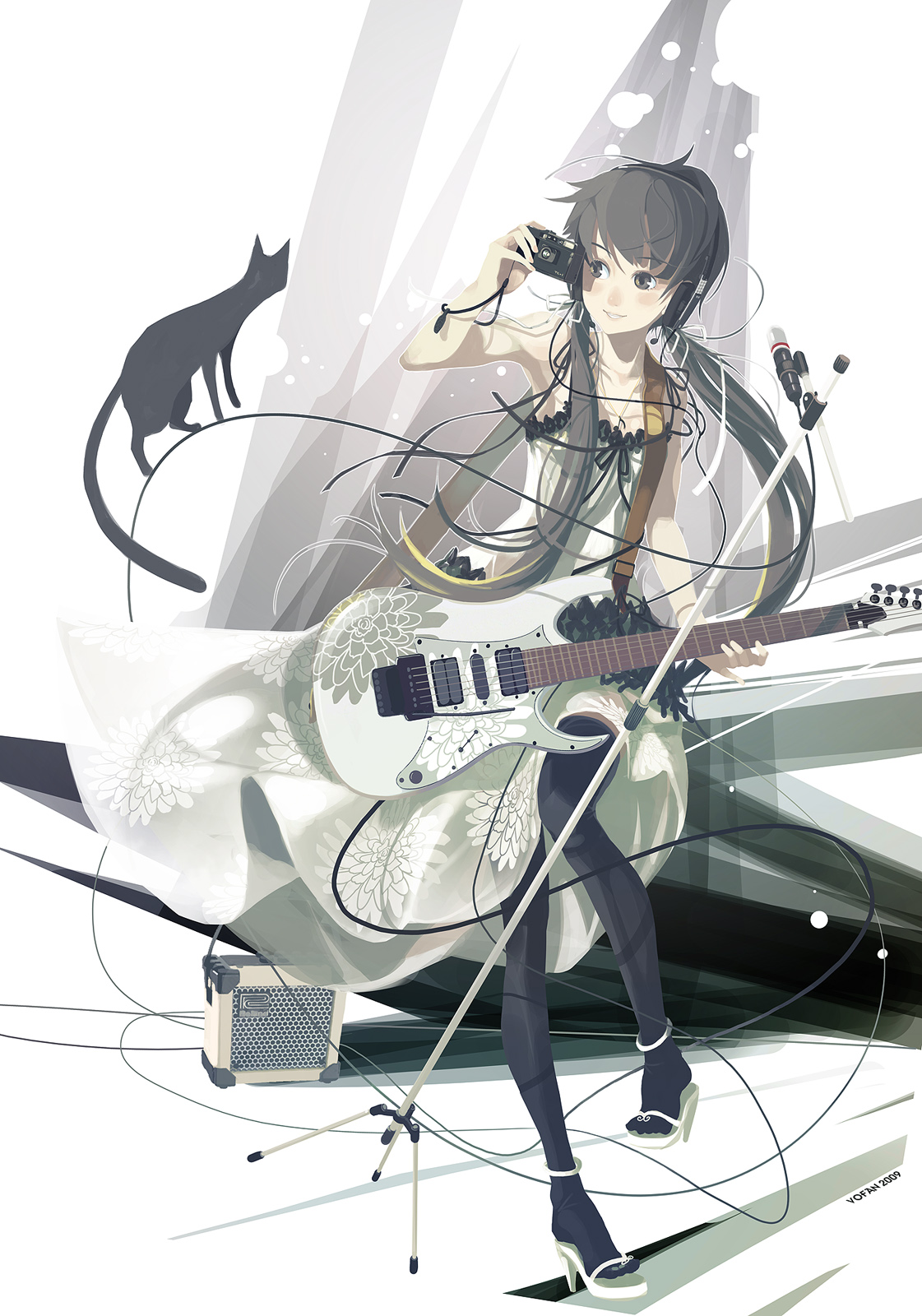 vofan, original, highres, 1girl, amplifier, black hair, cable, camera, cat, electric guitar, female focus, greyscale, guitar, headphones, high heels, ibanez rg, instrument, microphone, microphone stand, monochrome, product placement, solo, twintails