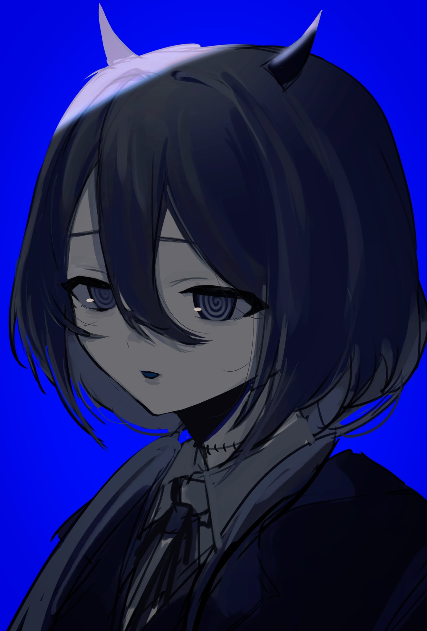 yamata ia, indie virtual youtuber, highres, 1girl, black eyes, black hair, black jacket, blue background, collared shirt, end (9b003f), hair between eyes, hair over shoulder, horns, jacket, long hair, looking at viewer, low twintails, neck ribbon, pale skin, portrait, ribbon, ringed eyes, shirt, simple background, solo, stitched neck, stitches, twintails, virtual youtuber