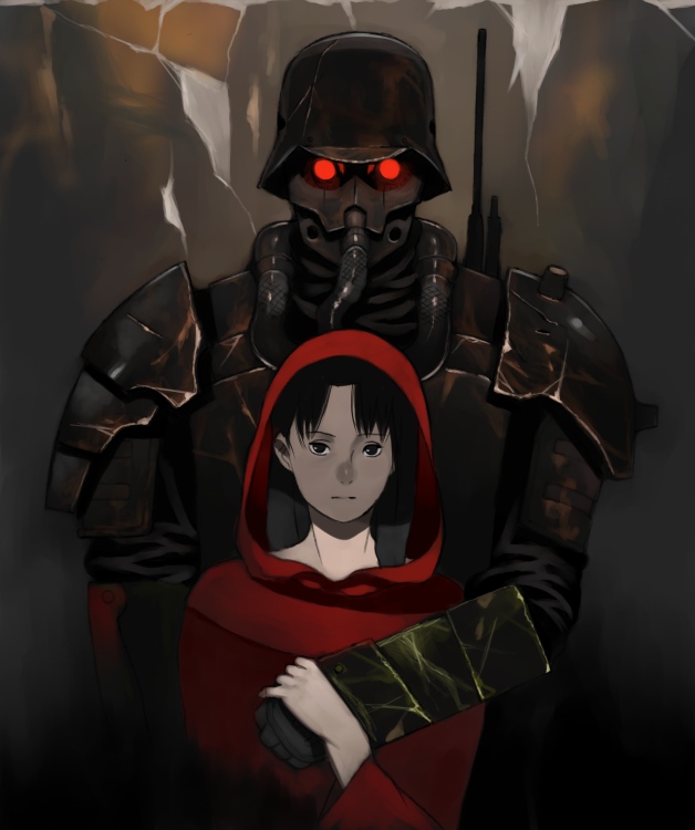 shiira, little red riding hood (fairy tale character), jin-roh, jin roh, kerberos saga, little red riding hood (fairy tale), 1boy, 1girl, armor, black eyes, black hair, glowing, glowing eyes, helmet, hood, looking at viewer, military, protect-gear (jin roh), short hair