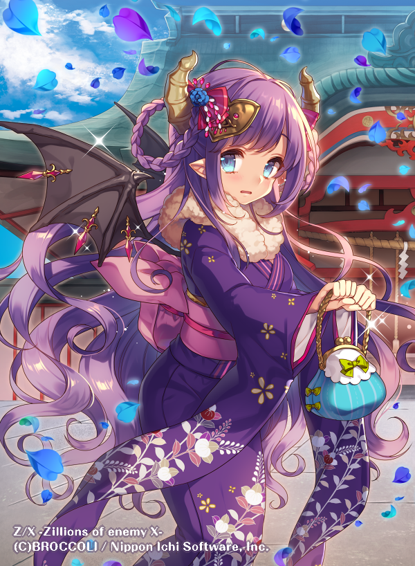 masaru.jp, z/x, official art, 1girl, bag, blue eyes, blue petals, braid, braided hair rings, brown horns, copyright notice, demon girl, demon horns, demon wings, floral print, floral print kimono, fur-trimmed kimono, fur trim, hair ornament, hair rings, holding, holding bag, horns, japanese clothes, kimono, long hair, open mouth, outdoors, pointy ears, print kimono, purple hair, purple kimono, solo, sparkle, ugly (z/x), wings