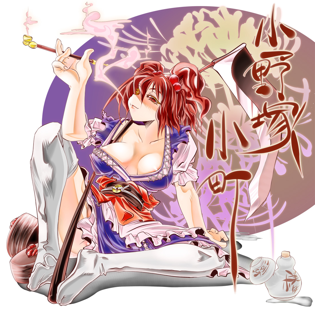 miyamoto takashi, onozuka komachi, touhou, 1girl, breasts, cleavage, feet, female focus, hair bobbles, hair ornament, holding, holding smoking pipe, kiseru, large breasts, nipple slip, nipples, red eyes, red hair, scythe, short hair, smoking, smoking pipe, solo, thighhighs, twintails, two side up