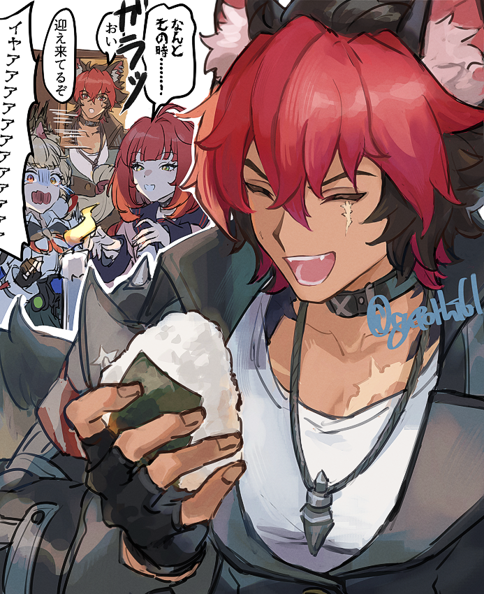 suitchi (gn4othi61), alice thymefield, komano manato, ukinami yuzuha, zenless zone zero, translation request, 1boy, 2girls, animal ear fluff, animal ears, belt, black gloves, black hair, black jacket, black sailor collar, blonde hair, body fur, candle, cardigan, chest bow, choker, closed eyes, collarbone, dog boy, dog ears, door, ear piercing, eating, fangs, fingerless gloves, food, gloves, green skirt, grey hair, hair between eyes, hair ornament, hearing aid, heterochromia, holding, holding food, jacket, jewelry, looking at another, looking at object, multicolored hair, multiple girls, multiple scars, muscular, muscular male, necklace, onigiri, open clothes, pectorals, pendant, piercing, pink cardigan, rabbit ears, rabbit girl, red eyes, red hair, sailor collar, scar, scar across eye, scar on chest, scar on face, scared, shirt, short hair, skirt, speech bubble, sphere hair ornament, spiked jacket, tears, twintails, twitter username, white background, white shirt, yellow eyes