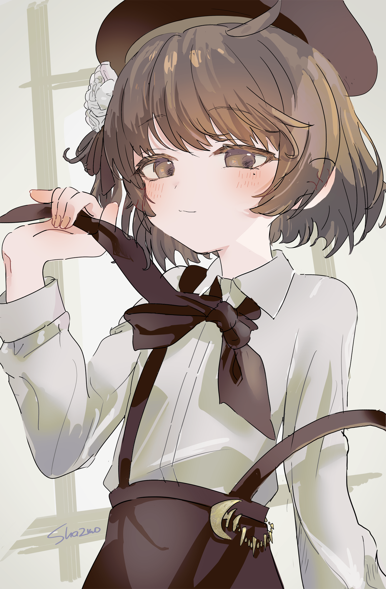 sha2mo, hatoba tsugu, tsugu (vtuber), commentary request, highres, 1girl, beret, blush, brown eyes, brown hair, brown hat, brown skirt, closed mouth, collared shirt, dress shirt, flower, hair flower, hair ornament, hand up, hat, indoors, looking at viewer, rose, shirt, signature, skirt, smile, solo, suspender skirt, suspenders, suspenders slip, virtual youtuber, white flower, white rose, white shirt