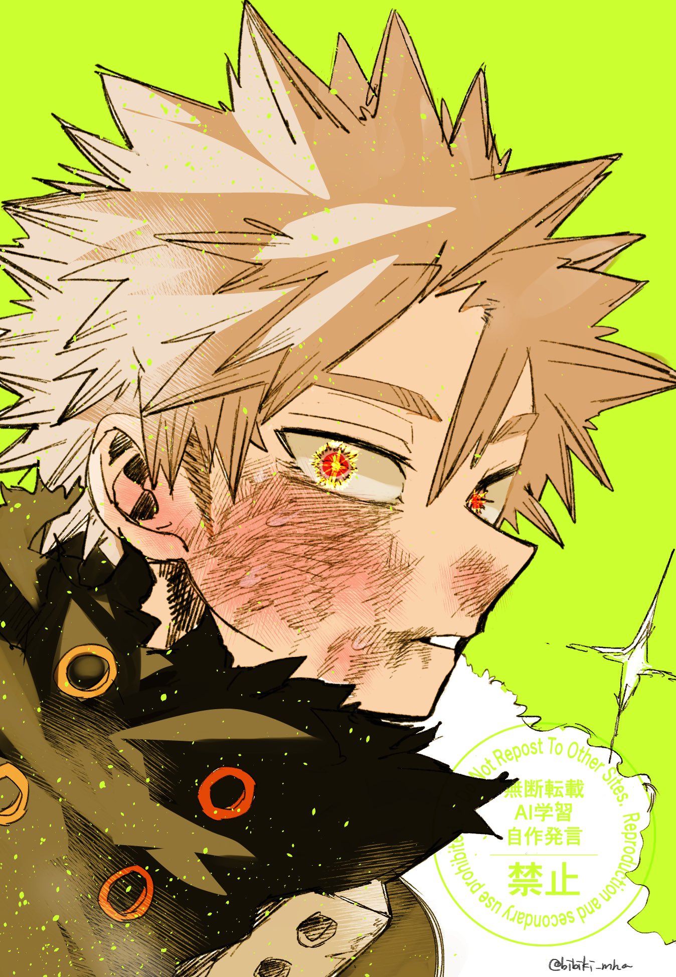 bakugou katsuki, boku no hero academia, commentary, highres, symbol-only commentary, 1boy, black shirt, blonde hair, bruise, bruise on face, green background, hibiki mha, injury, looking at viewer, male focus, orange eyes, parted lips, profile, shirt, simple background, solo, spiked hair, teeth, torn clothes, torn shirt, watermark, wide-eyed