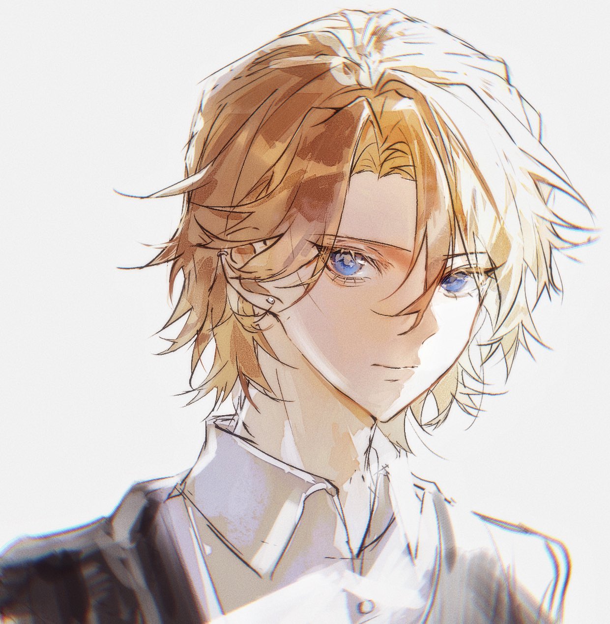 ishida yamato, digimon, digimon adventure 02, highres, 1boy, black jacket, blonde hair, blue eyes, jacket, male focus, shirt, simple background, solo, szr 02, upper body, white background, white shirt
