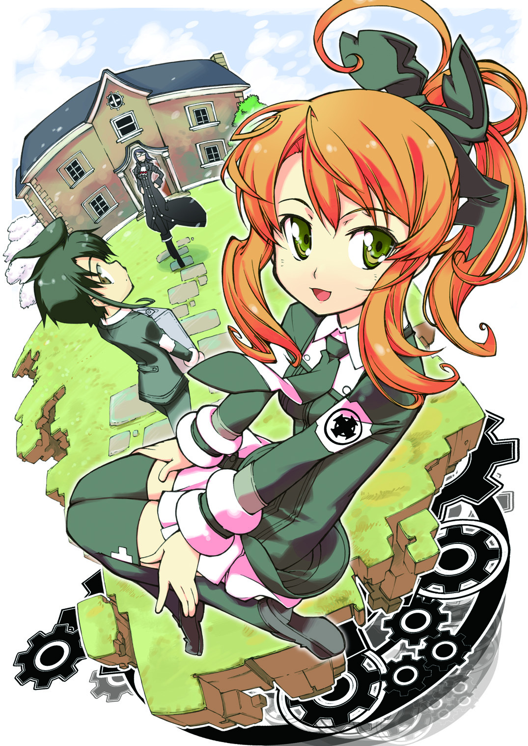 akiduki ryou, akizuki ryou (gakuen kumikyoku), kurosaki shuri, minakami misao, natsume tomoharu, asura cryin', highres, 00s, 1boy, 2girls, multiple girls, school uniform, thighhighs