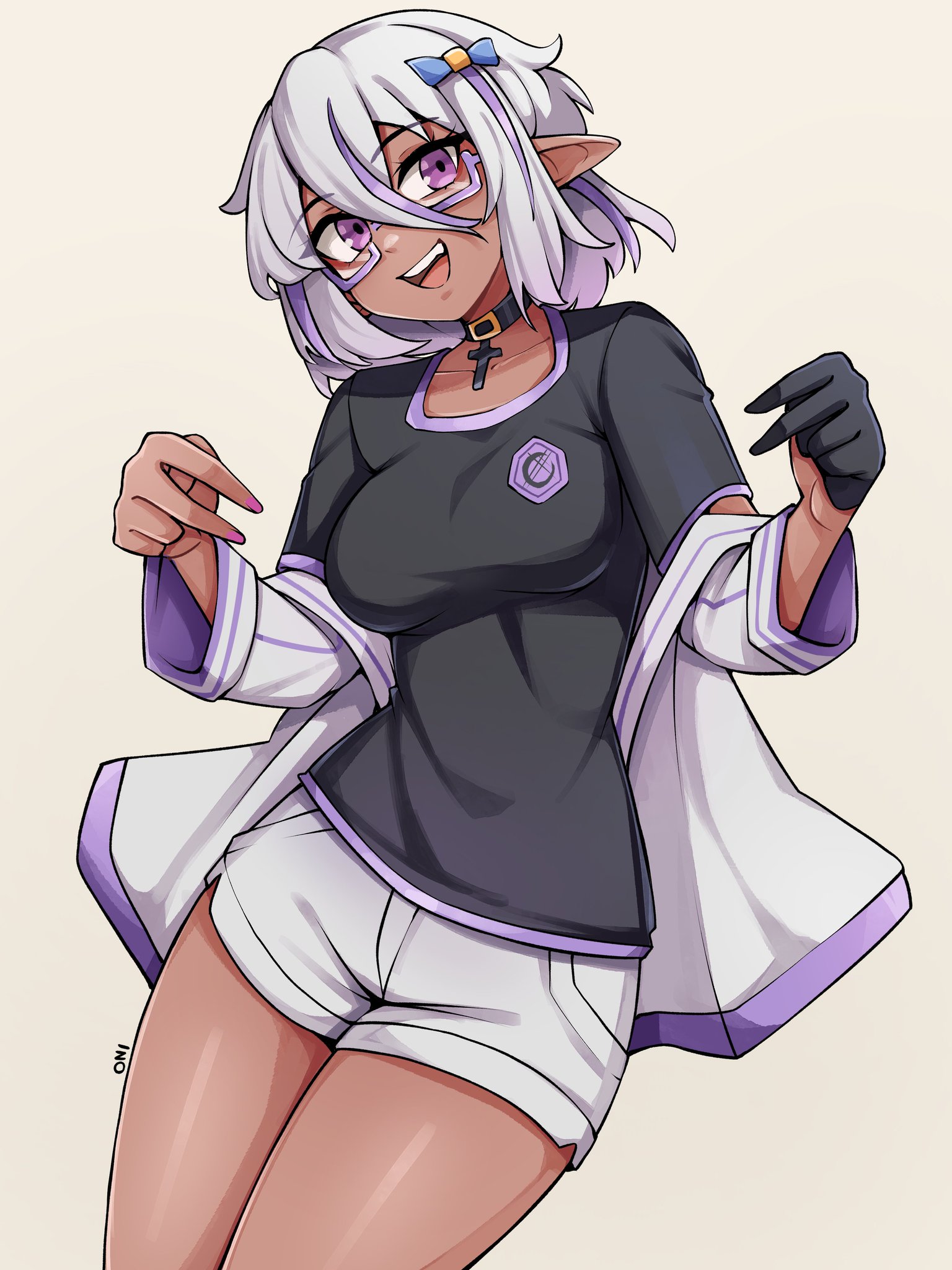 oninuer, original, commentary, commission, english commentary, highres, 1girl, black choker, black gloves, black shirt, breasts, choker, cowboy shot, cross, cross choker, dark-skinned female, dark skin, double-parted bangs, glasses, gloves, grey background, hair between eyes, hair ornament, hands up, jacket, jacket partially removed, long sleeves, looking at viewer, medium breasts, multicolored hair, open mouth, pointy ears, purple-framed eyewear, purple eyes, purple streaks, semi-rimless eyewear, shirt, short hair, short shorts, short sleeves, shorts, simple background, single glove, smile, solo, streaked hair, t-shirt, thighs, under-rim eyewear, white hair, white jacket, white shorts