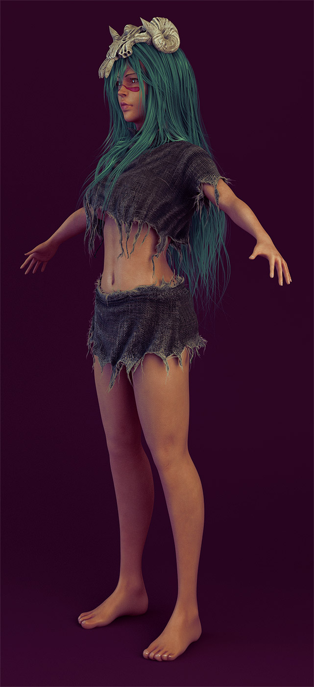 wen jr, nelliel tu odelschwanck, bleach, highres, long image, tall image, 00s, 1girl, 3d, arrancar, barefoot, facial mark, female focus, green hair, hollow (bleach), legs, long hair, midriff, navel, number tattoo, realistic, skull, solo, tattoo, torn clothes