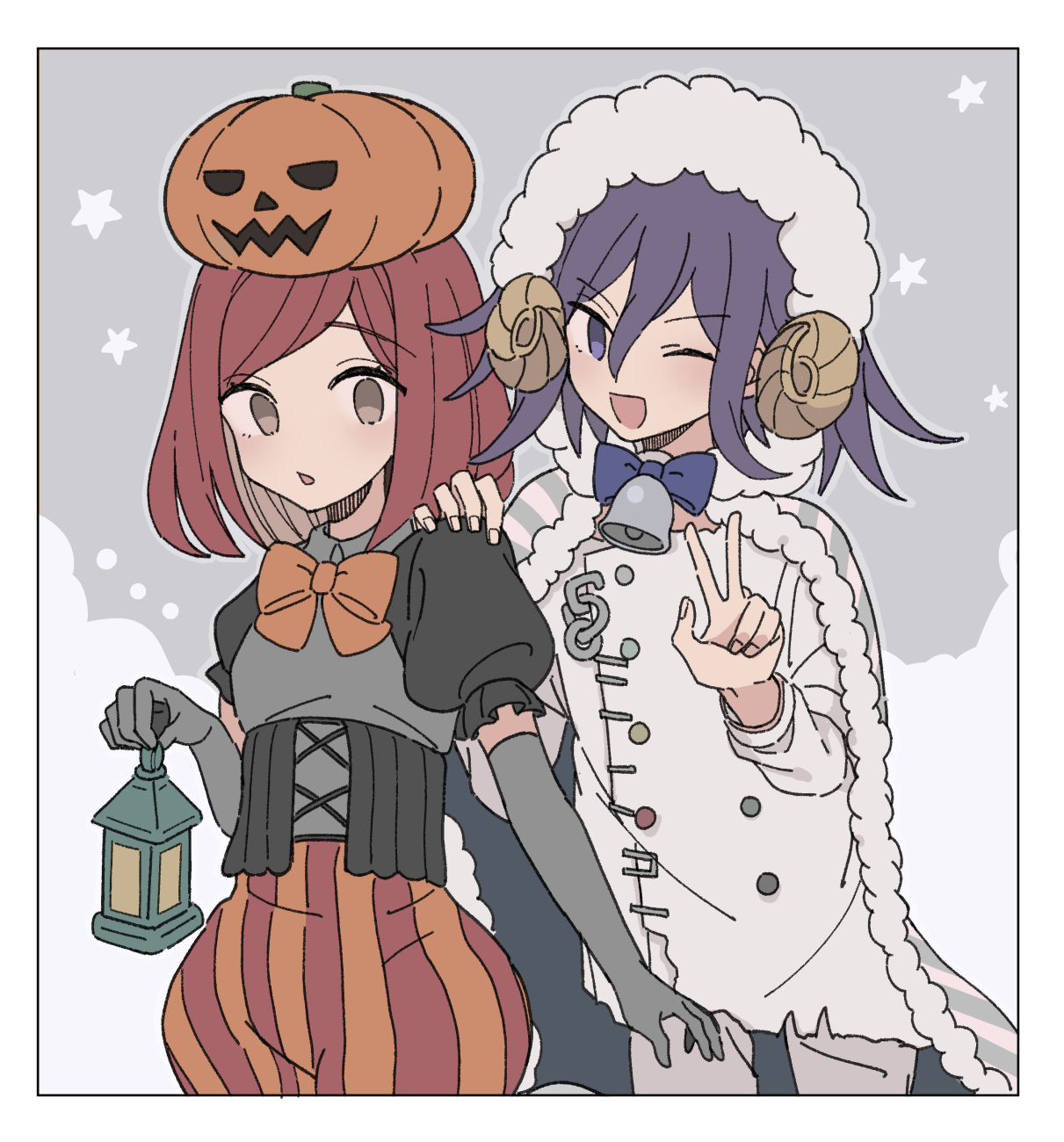 xiao (grsnss25), oma kokichi, yumeno himiko, danganronpa (series), danganronpa v3: killing harmony, commentary request, highres, 1boy, 1girl, animal costume, bell, blush, border, brown eyes, capelet, elbow gloves, flipped hair, fur-trimmed capelet, fur trim, gloves, hair between eyes, halloween, halloween costume, hand on another's shoulder, hat, holding lamp, horns, long sleeves, looking at viewer, medium hair, neck bell, one eye closed, open mouth, puffy short sleeves, puffy shorts, puffy sleeves, pumpkin hat, purple eyes, purple hair, red hair, sheep costume, sheep horns, short hair, short sleeves, shorts, simple background, smile, star (symbol), upper body, v
