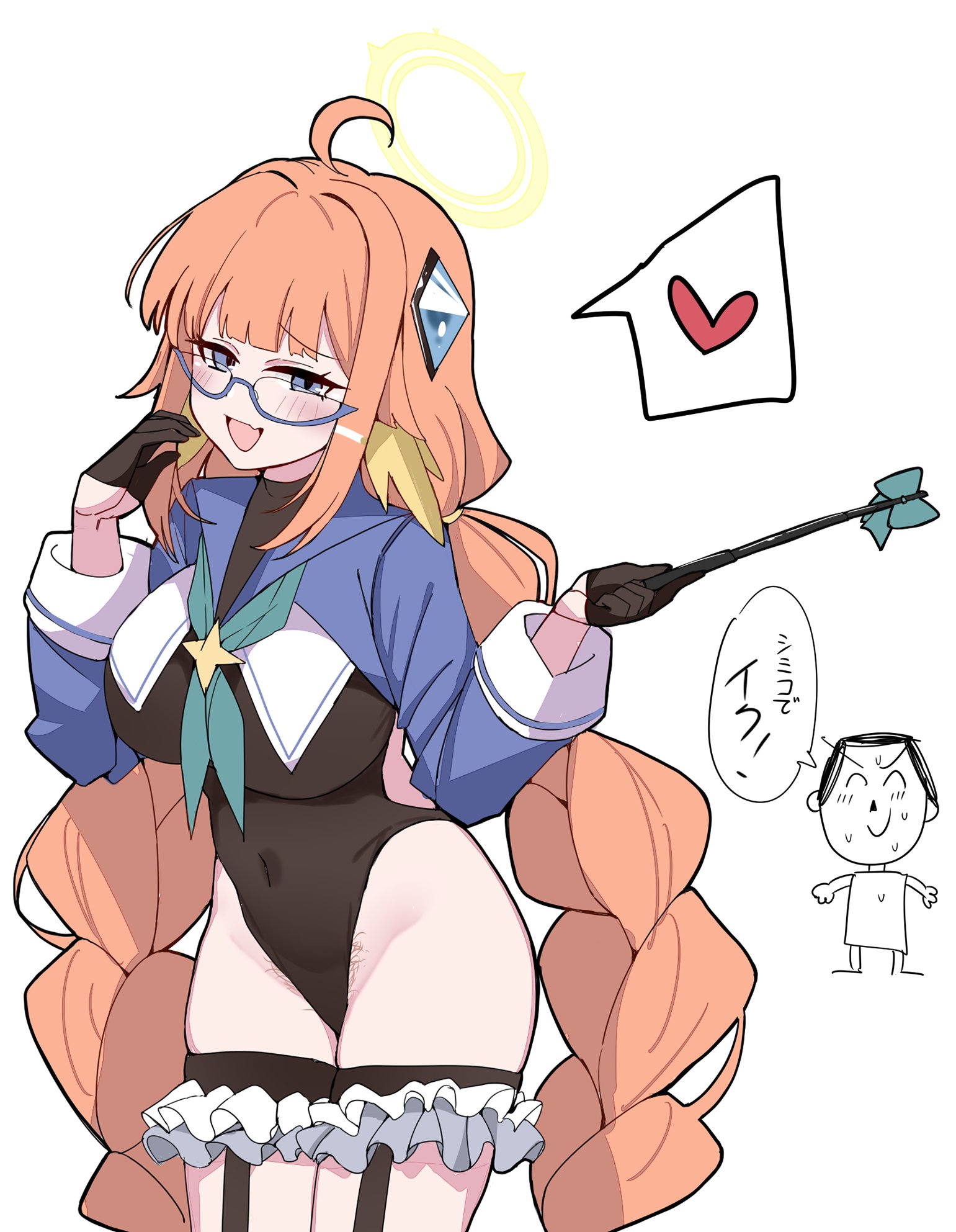 k-y, doodle sensei (blue archive), sensei (blue archive), shimiko (blue archive), shimiko (magical) (blue archive), blue archive, highres, translation request, 1boy, 1girl, :d, ahoge, aqua neckerchief, black gloves, black leotard, blue-framed eyewear, blue eyes, blue sleeves, blunt bangs, braid, breasts, covered navel, cowboy shot, fang, feather hair, female pubic hair, frilled thigh strap, furrowed brow, glasses, gloves, groin, hair intakes, half gloves, halo, hands up, heart, highleg, highleg leotard, holding, holding riding crop, impossible clothes, impossible leotard, large breasts, leotard, long hair, long sleeves, looking at viewer, low twintails, naughty face, neckerchief, official alternate costume, official alternate hairstyle, open mouth, orange hair, pubic hair, riding crop, semi-rimless eyewear, shrug (clothing), sidelocks, simple background, skin fang, smile, solo focus, speech bubble, spoken heart, sweatdrop, thigh strap, thighs, twin braids, twintails, v-shaped eyebrows, very long hair, white background, yellow halo
