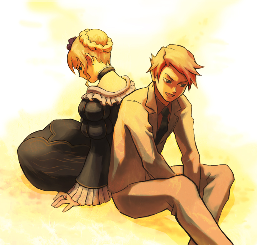 shinkai, shinkai (love-the-earth), beatrice (umineko), ushiromiya battler, umineko no naku koro ni, bad id, bad pixiv id, 00s, 1boy, 1girl, back-to-back, blonde hair, choker, necktie, sitting