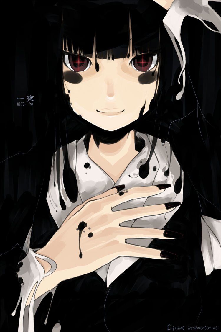 oso (toolate), coprinopsis atramentaria, coprinus atramentarius, original, oso-teki kinoko gijinka zukan, + +, 1girl, black hair, female focus, mushroom, personification, red eyes, smile, solo