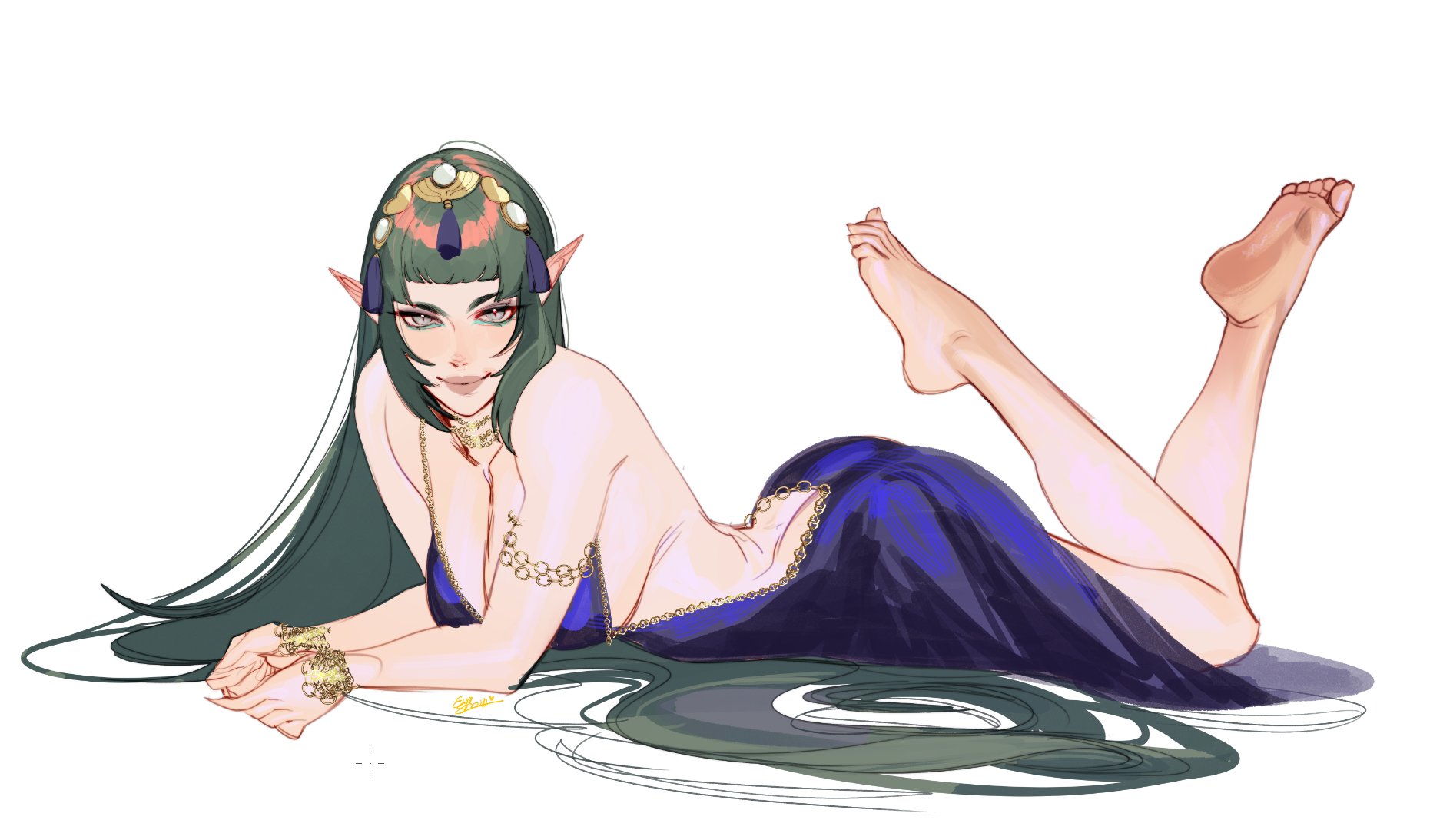 eva smith, sothis (adult) (fire emblem), sothis (fire emblem), fire emblem, fire emblem: fortune's weave, nintendo, highres, 1girl, backless dress, backless outfit, bare shoulders, blush, breasts, closed mouth, dress, full body, green eyes, green hair, hair ornament, headpiece, large breasts, long hair, looking at viewer, lying, on stomach, pointy ears, purple dress, simple background, smile, solo, strapless, strapless dress, tassel, tassel hair ornament, tiara, very long hair, white background
