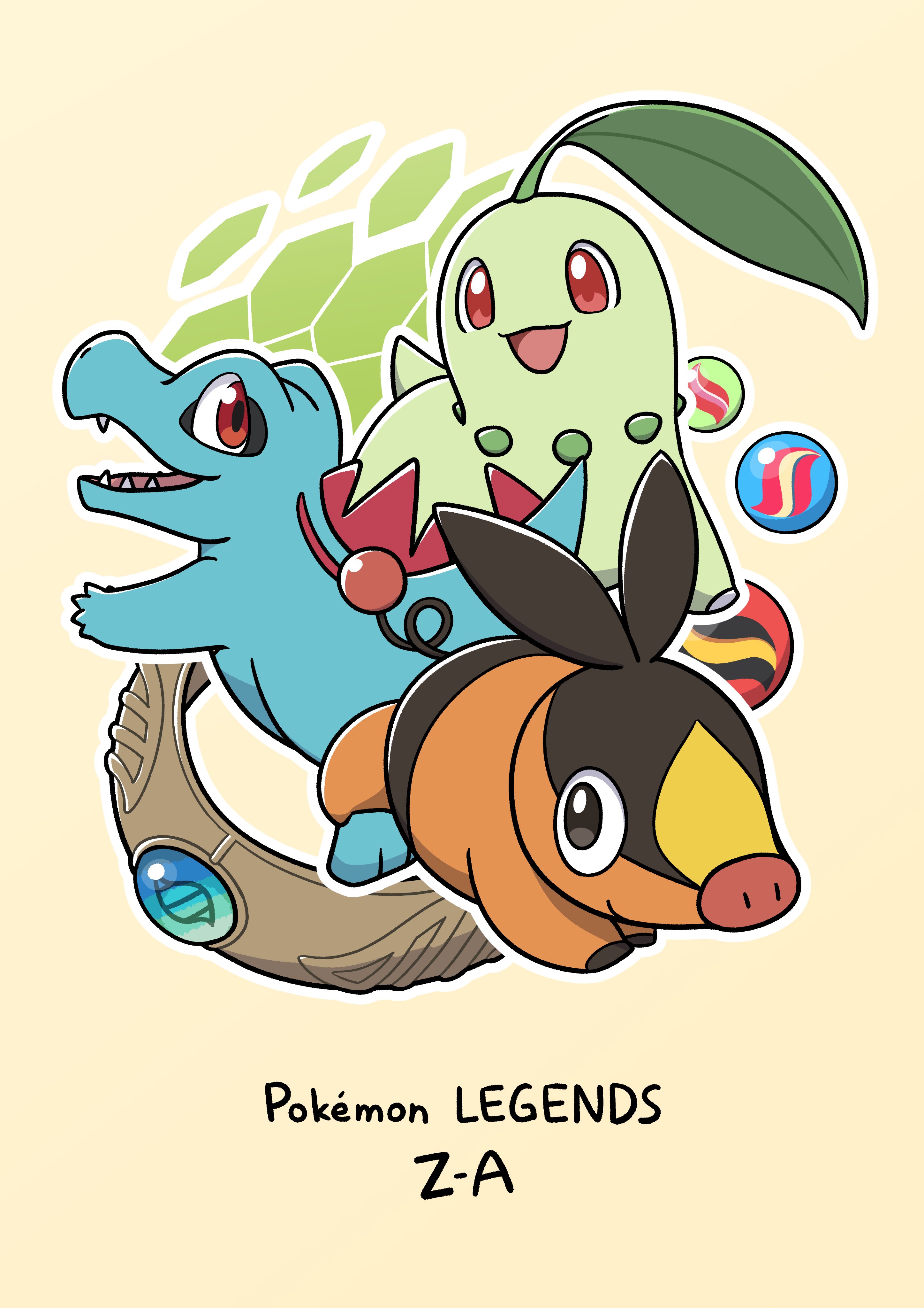 hatoro kuroyoshi, chikorita, tepig, totodile, nintendo, pokemon, pokemon legends: z-a, absurdres, highres, animal focus, closed mouth, fangs, gen 2 pokemon, gen 5 pokemon, leaf, mega ring, mega stone, no humans, open mouth, pig, pokemon (creature), pokemon focus, red eyes, sharp teeth, smile, starter pokemon trio, tail, teeth