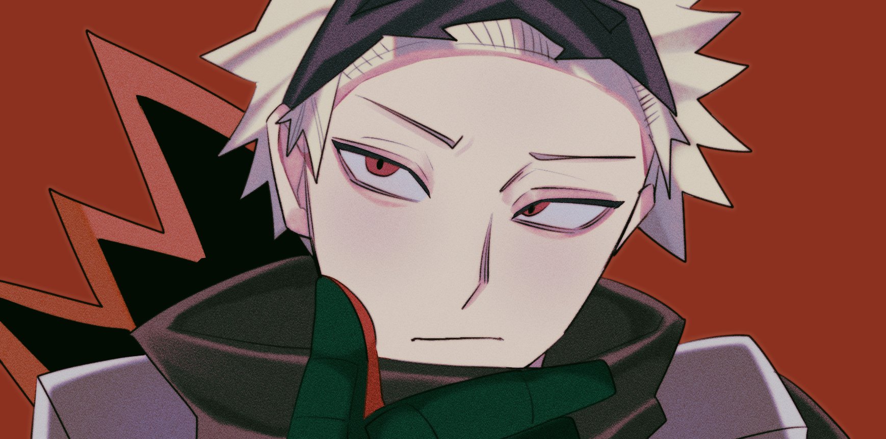 bakugou katsuki, boku no hero academia, highres, 1boy, :/, black mask, blonde hair, byakya, closed mouth, eye mask, film grain, gloves, looking to the side, male focus, mask, mask lift, multicolored gloves, red background, red eyes, sanpaku, short hair, sideways glance, simple background, solo, spiked hair