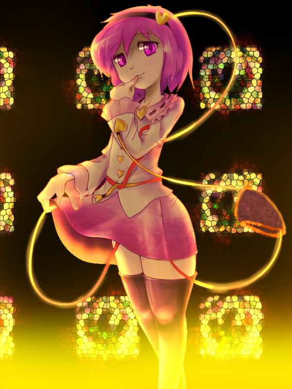 tottema, komeiji satori, touhou, bad id, bad pixiv id, 1girl, black thighhighs, clothes lift, dress, dress lift, female focus, gradient background, heart, indoors, no panties, panties, pink eyes, pink hair, short hair, skirt, solo, thighhighs, underwear, zettai ryouiki
