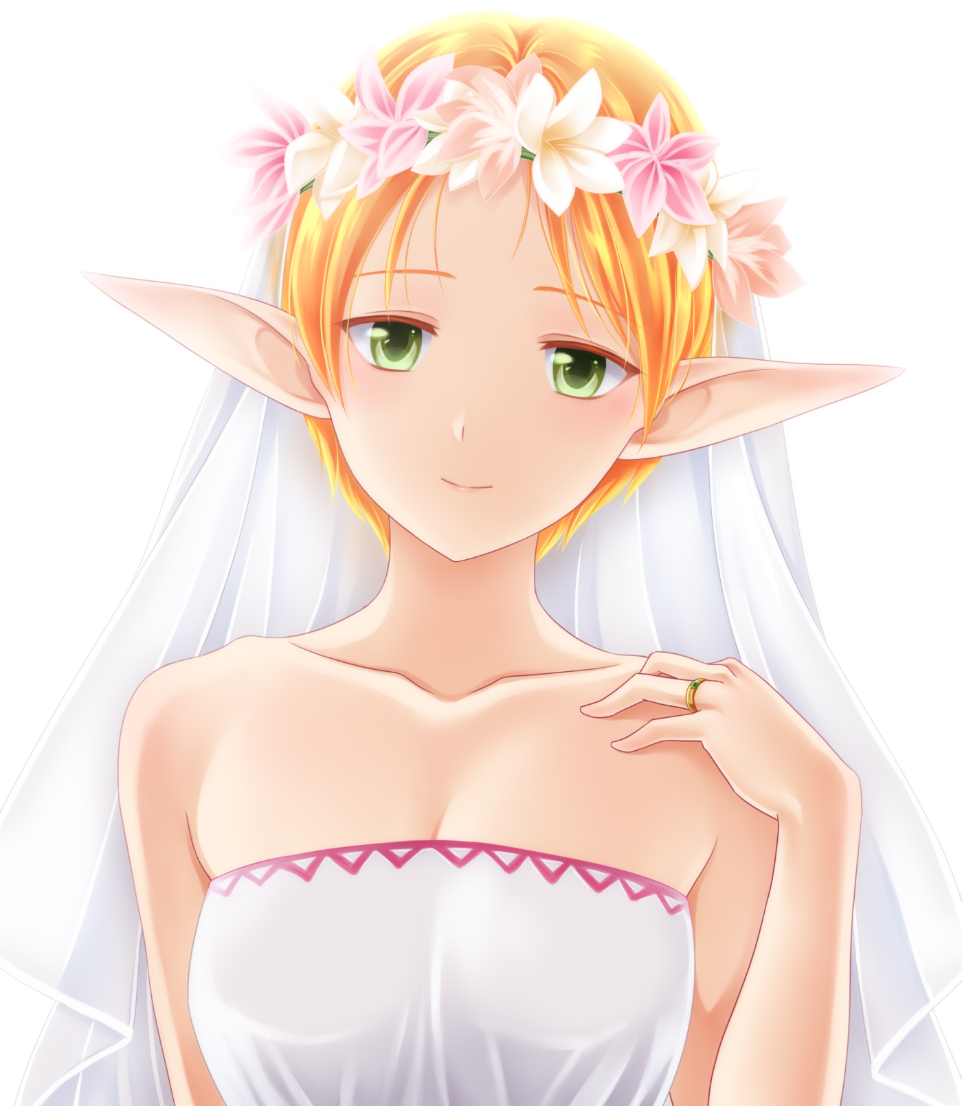 ham pon, paula (suikoden), gensou suikoden, gensou suikoden iv, highres, 1girl, bare shoulders, breasts, bridal veil, bride, cleavage, collarbone, dress, flower, green eyes, head tilt, head wreath, jewelry, light blush, looking at viewer, medium breasts, orange hair, pointy ears, ring, sleeveless, sleeveless dress, smile, solo, strapless, strapless dress, upper body, veil, wedding dress, wedding ring, white background, white dress, white veil