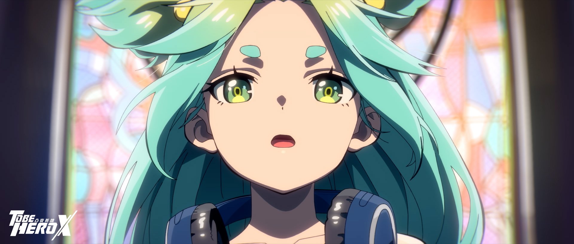 lucky cyan (to be hero x), to be hero, to be hero x, chinese commentary, commentary request, highres, official art, official wallpaper, 1girl, :o, blue hair, blurry, blurry background, copyright logo, depth of field, gradient hair, green eyes, green hair, headphones, headphones around neck, logo, long hair, looking at viewer, multicolored hair, portrait, sidelocks, solo, stained glass, straight-on