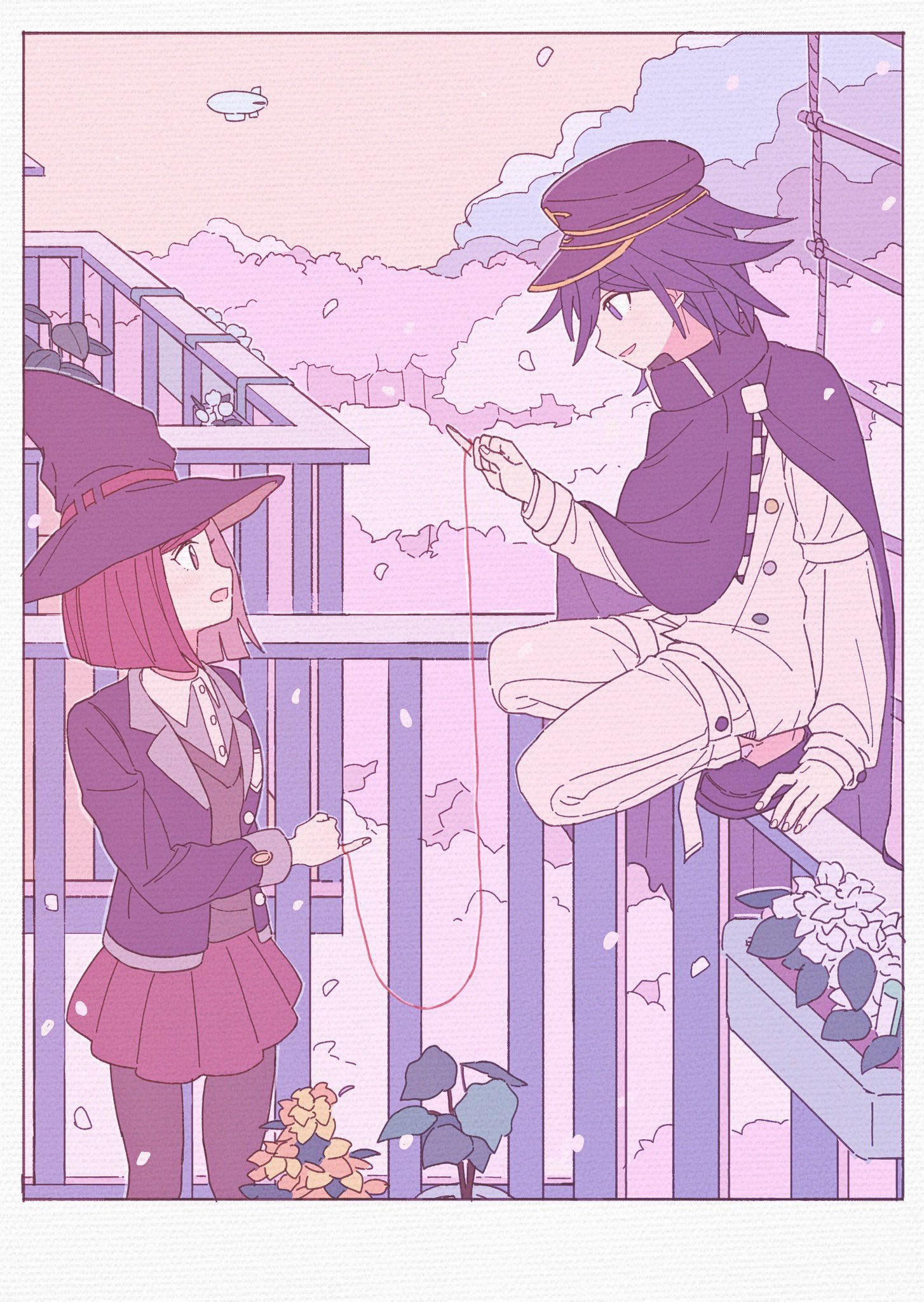 xiao (grsnss25), oma kokichi, yumeno himiko, danganronpa (series), danganronpa v3: killing harmony, commentary request, highres, 1boy, 1girl, balcony, black cape, black hat, black jacket, brown vest, buttons, cape, checkered clothes, checkered scarf, cherry blossoms, collared shirt, falling petals, flipped hair, from side, hair between eyes, hat, hat belt, hetero, jacket, long sleeves, open mouth, pale color, pants, pantyhose, peaked cap, petals, pink theme, pinky out, pleated skirt, profile, purple eyes, purple hair, purple theme, red eyes, red hair, red skirt, scarf, school uniform, shirt, short hair, skirt, smile, squatting, string, string of fate, two-tone scarf, vest, witch hat