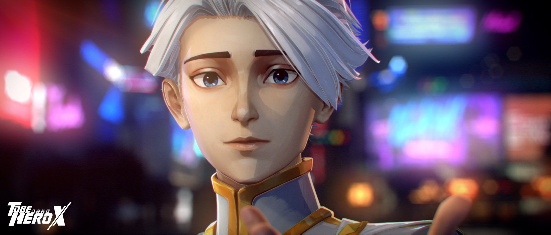nice (to be hero x), to be hero, to be hero x, chinese commentary, commentary request, highres, official art, official wallpaper, 1boy, blue eyes, blurry, blurry background, bokeh, city lights, copyright logo, depth of field, logo, looking at viewer, male focus, popped collar, portrait, short hair, solo, turtleneck, white hair