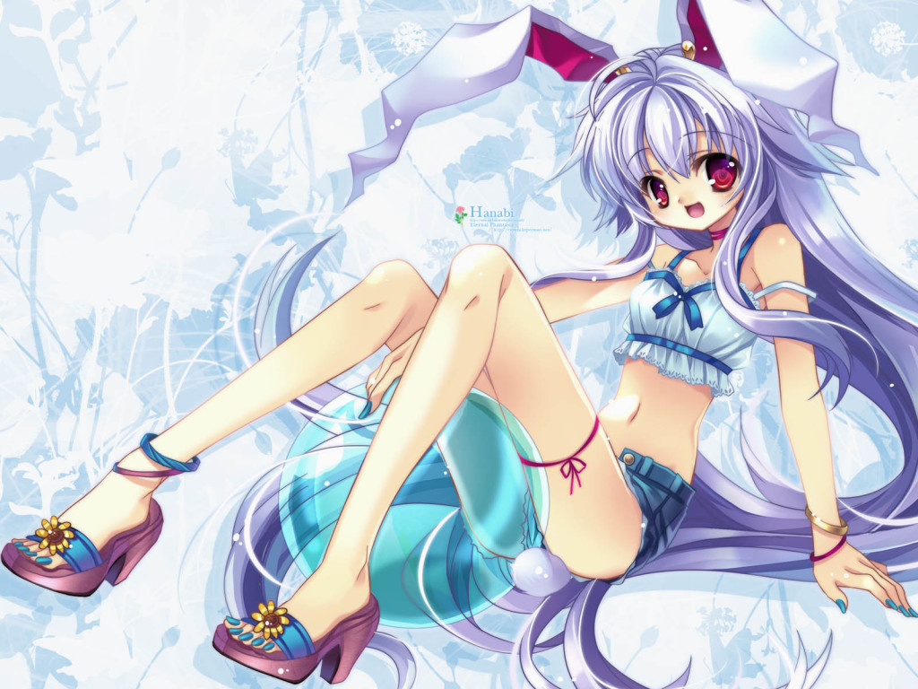 reisen udongein inaba, touhou, 1girl, animal ears, ball, beachball, breasts, choker, feet, female focus, full body, long hair, nail (hardware), navel, open mouth, plant, purple hair, rabbit ears, red eyes, sandals, solo, toes, white background