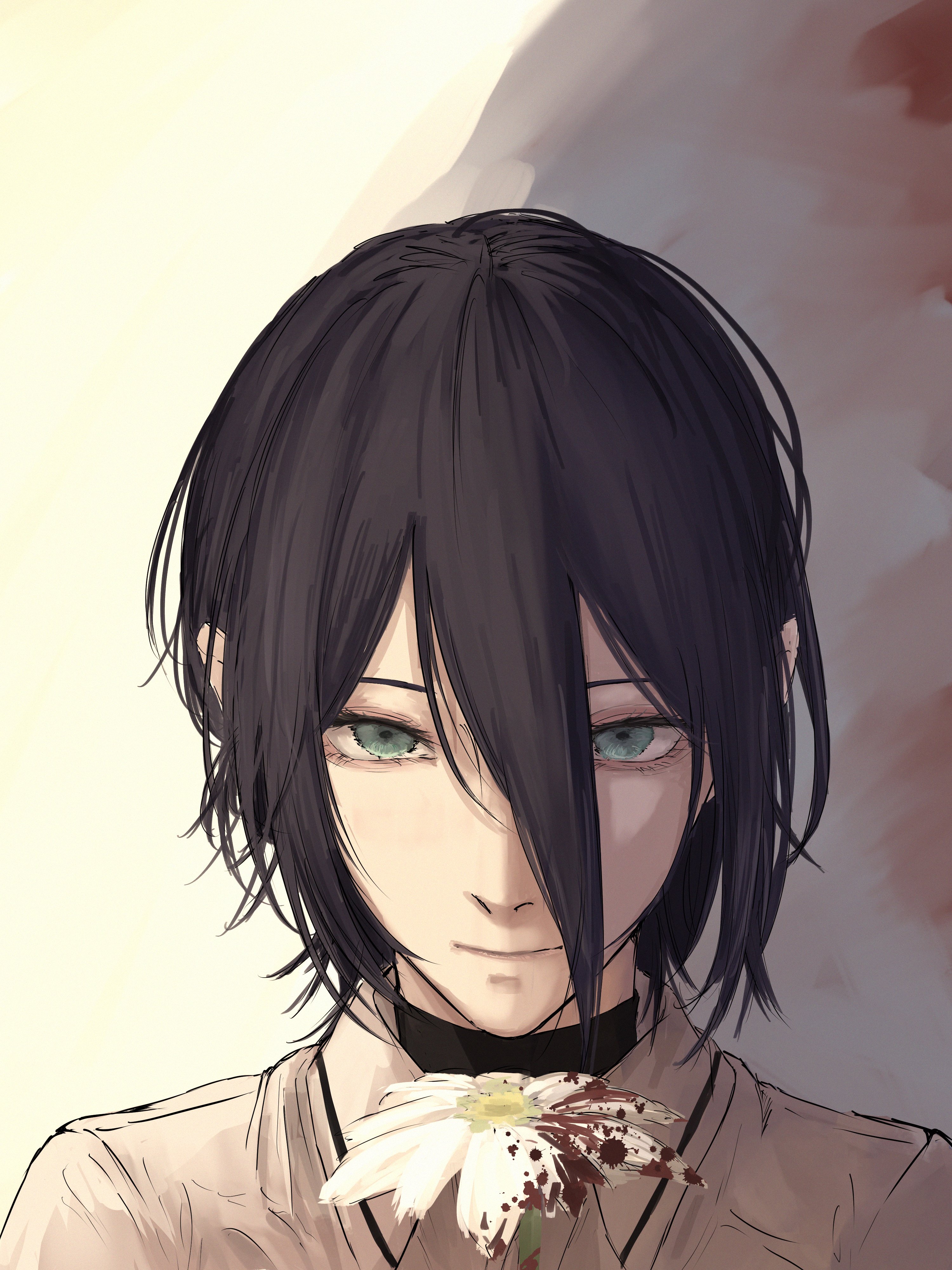 nabe92213, reze (chainsaw man), chainsaw man, absurdres, commentary, highres, 1girl, black choker, black hair, blood, choker, closed mouth, collared shirt, flower, green eyes, hair between eyes, long hair between eyes, looking at viewer, shirt, solo, upper body
