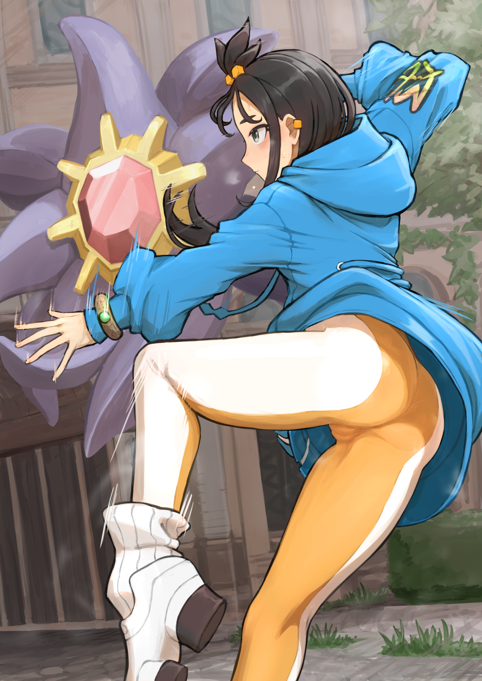 mochoi soku, lida (pokemon), starmie, nintendo, pokemon, pokemon legends: z-a, highres, 1girl, ass, black hair, blue hoodie, cameltoe, dancing, gen 1 pokemon, hood, hoodie, outdoors, pants, pokemon (creature), shoes, socks, white shoes, white socks, yoga pants