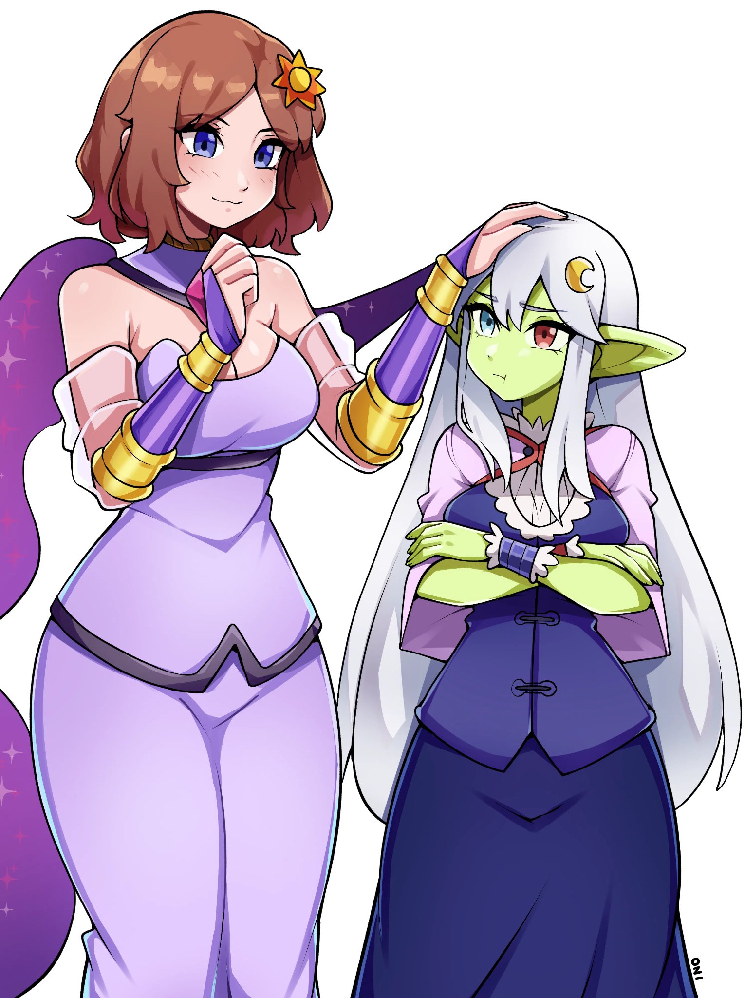 oninuer, original, commentary, commission, english commentary, highres, vgen commission, 2girls, armpit crease, bare shoulders, blue dress, blue eyes, blush, breasts, bridal gauntlets, brown hair, capelet, cleavage, closed mouth, colored skin, cowboy shot, crescent, crescent hair ornament, crossed arms, double-parted bangs, dress, goblin, green skin, hair ornament, hand on another's head, headpat, heterochromia, large breasts, long hair, looking at another, medium breasts, multiple girls, parted bangs, pink capelet, pointy ears, pout, purple bridal gauntlets, purple dress, red eyes, short hair, simple background, smile, sun hair ornament, white background, white hair