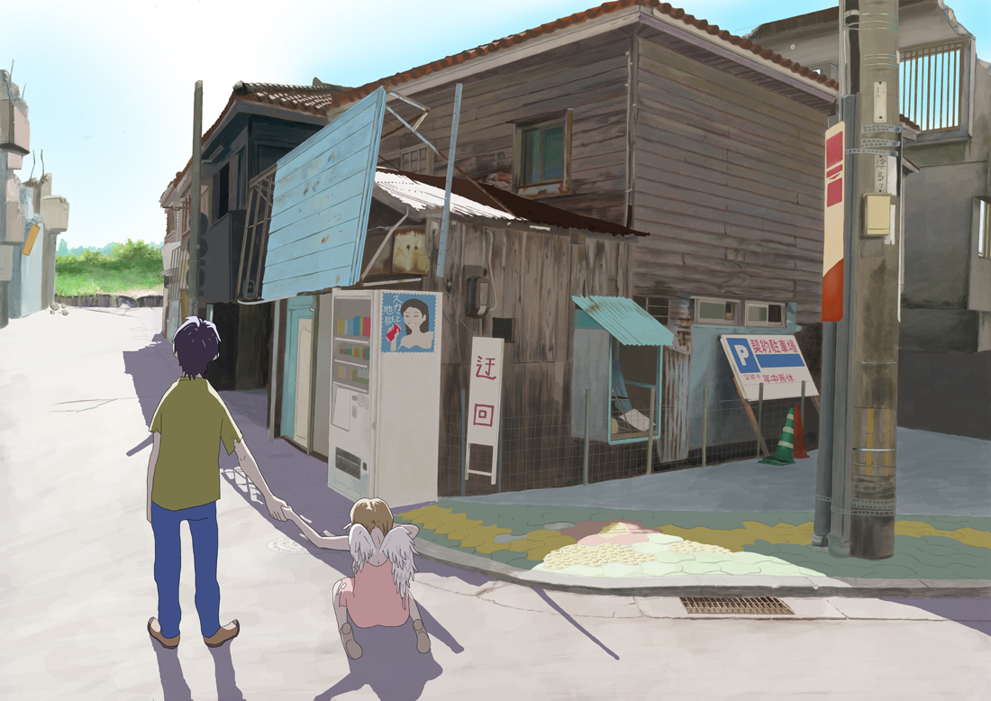 takayasu ikumi, original, character request, 1boy, 1girl, angel, angel wings, back, blouse, brown hair, building, dress, hetero, holding hands, kneeling, road, shirt, sign, sitting, standing, street, tears, torn clothes, torn dress, torn shirt, twintails, utility pole, vanishing point, vending machine, wariza, wings