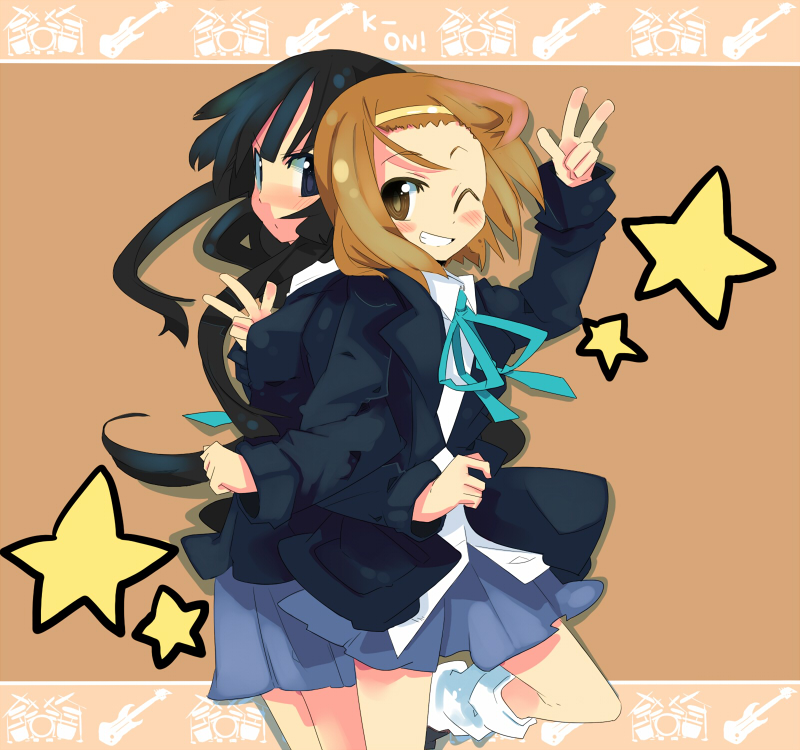 kanikama, akiyama mio, tainaka ritsu, k-on!, 00s, 2girls, back-to-back, black hair, blazer, blue eyes, blunt bangs, brown eyes, brown hair, grin, hairband, headband, hime cut, jacket, multiple girls, one eye closed, ribbon, school uniform, smile, socks, star (symbol), v, wink