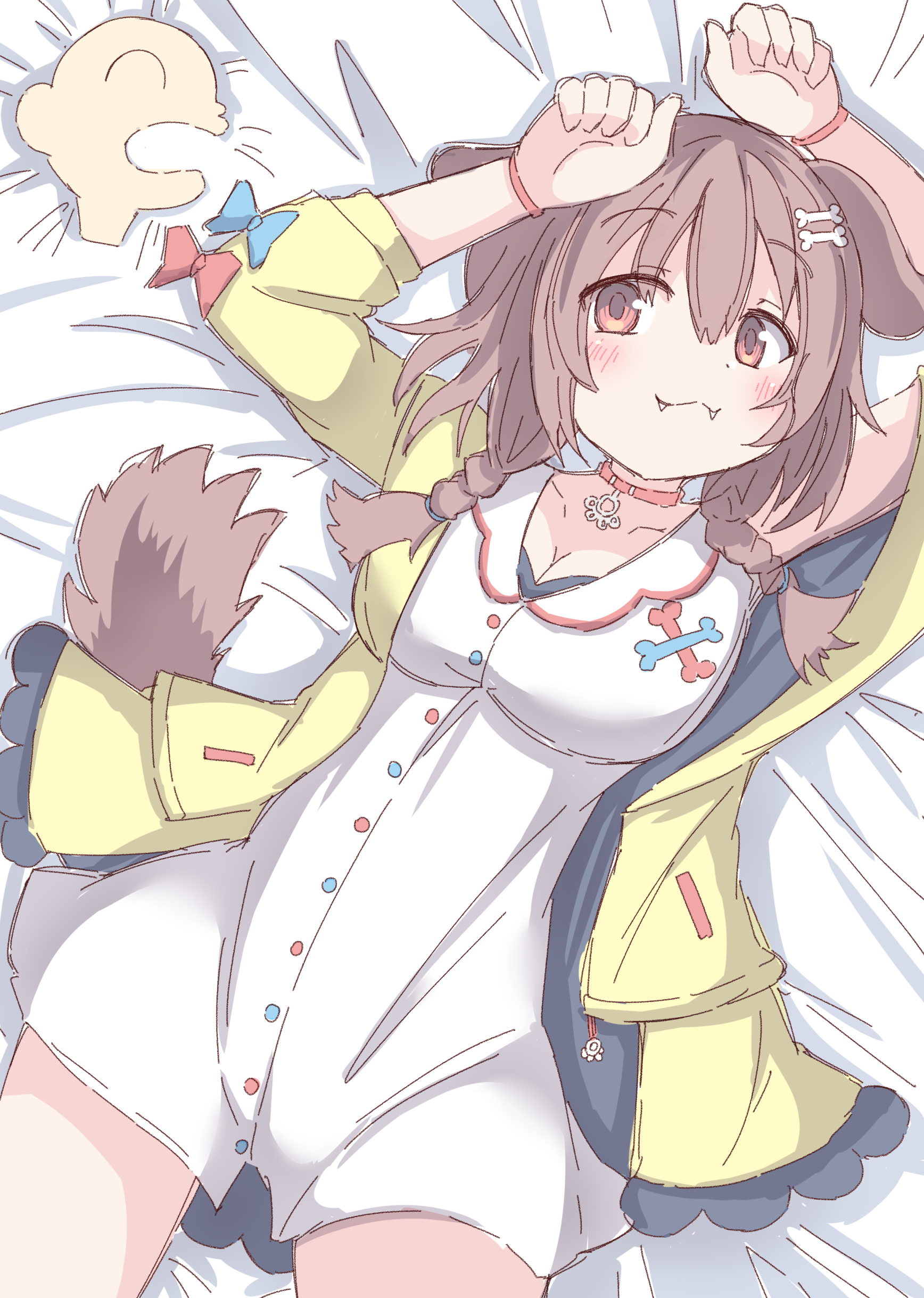umberblack, inugami korone, inugami korone (1st costume), listener (inugami korone), hololive, absurdres, commentary request, highres, 1girl, :3, animal ears, armpits, arms up, bed sheet, blue bow, blush, bone hair ornament, bow, braid, breasts, brown eyes, brown hair, cartoon bone, cleavage, closed mouth, collar, collarbone, dog ears, dog girl, dog tail, dress, fangs, fangs out, hair ornament, hair over shoulder, jacket, low twintails, lying, medium breasts, off shoulder, on back, open clothes, open jacket, red bow, red collar, sleeveless, sleeveless dress, solo focus, tail, twin braids, twintails, white dress, yellow jacket