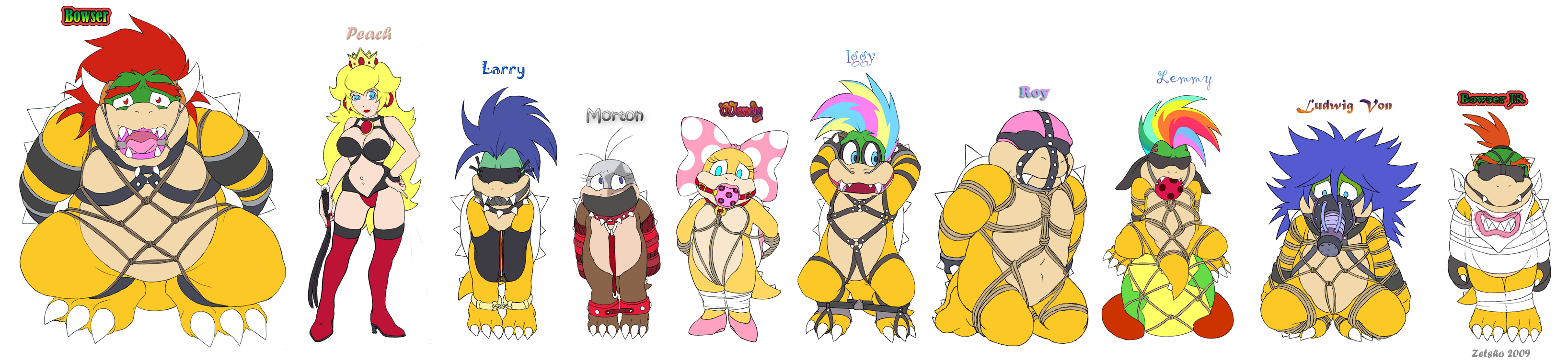 zetsho, bowser, bowser jr., iggy koopa, koopalings, larry koopa, lemmy koopa, ludwig von koopa, morton koopa jr, princess peach, roy koopa, wendy o koopa, nintendo, super mario bros. 1, absurdres, highres, long image, wide image, bdsm, bondage, femdom, furry, navel piercing, piercing, scaly