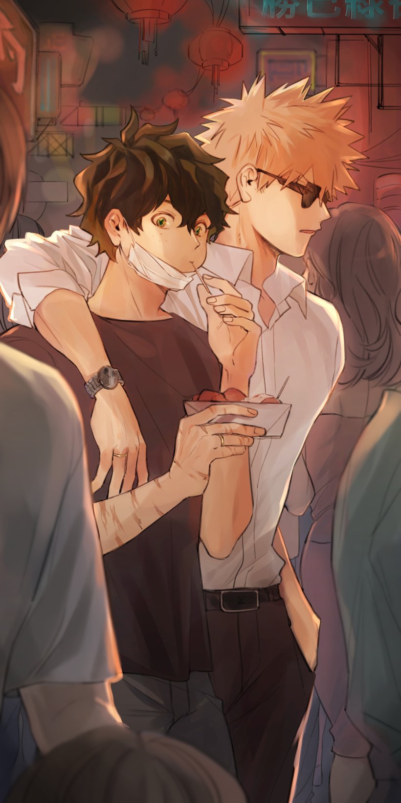 bakugou katsuki, midoriya izuku, boku no hero academia, highres, 1 moo, 2boys, adam's apple, arm around shoulder, arms up, belt, belt buckle, black belt, black pants, black shirt, blonde hair, brown hair, buckle, chewing, closed mouth, collared shirt, crew neck, denim, double-parted bangs, eating, food, freckles, green eyes, green hair, hair between eyes, holding, holding food, jeans, lantern, long hair, male focus, mask, mouth mask, multiple boys, multiple scars, neon sign, open collar, pants, parted lips, people, scar, shirt, shirt tucked in, short hair, short sleeves, sleeve cuffs, sunglasses, takoyaki, walking, wing collar