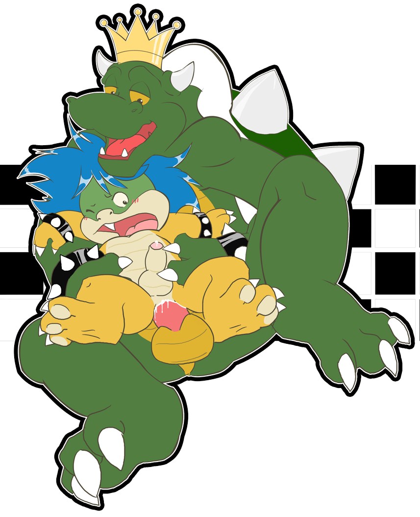 bowser, king koopa, koopalings, ludwig von koopa, mario (series), nintendo, super mario bros. 1, 2boys, blue hair, bracelet, claws, crown, cum, cum in ass, father and son, horns, incest, jewelry, male focus, messy hair, multiple boys, penis, precum, sex, shell, shota, small penis, spiked bracelet, spikes, yaoi