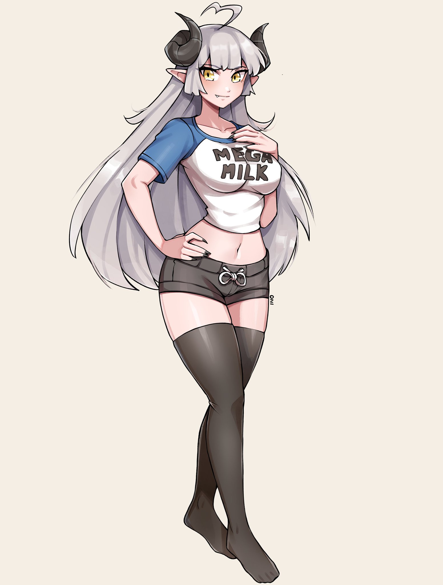 oninuer, original, commentary, commission, english commentary, highres, 1girl, ahoge, black nails, black shorts, black thighhighs, breasts, closed mouth, clothes writing, collarbone, demon girl, demon horns, fang, fang out, fingernails, full body, grey background, grey hair, hand on own chest, horns, large breasts, long hair, looking at viewer, mega milk, midriff, navel, no shoes, pointy ears, shirt, short hair, short shorts, short sleeves, shorts, simple background, smile, solo, t-shirt, thighhighs, thighs, white shirt, yellow eyes