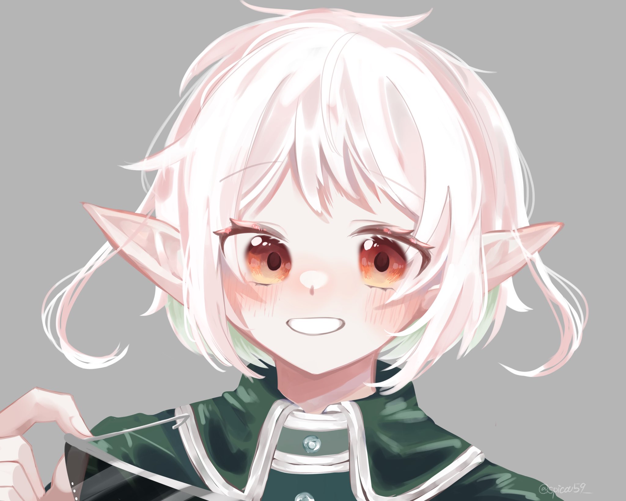 spica59, sylphiette (mushoku tensei), mushoku tensei, highres, 1girl, cloak, close-up, elf, green cloak, holding, holding removed eyewear, looking at viewer, pointy ears, red eyes, simple background, smile, unworn eyewear, white background, white hair