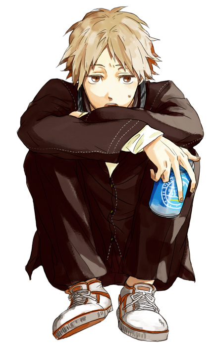 hanamura yousuke, atlus, persona, persona 4, 1boy, brown eyes, brown hair, drink, full body, male focus, school uniform, simple background, solo, white background