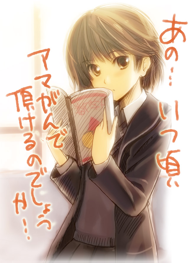 yakepu, nanasaki ai, amagami, bad id, bad pixiv id, 1girl, blazer, book, brown eyes, brown hair, female focus, jacket, short hair, skirt, solo, sunset, sweater vest