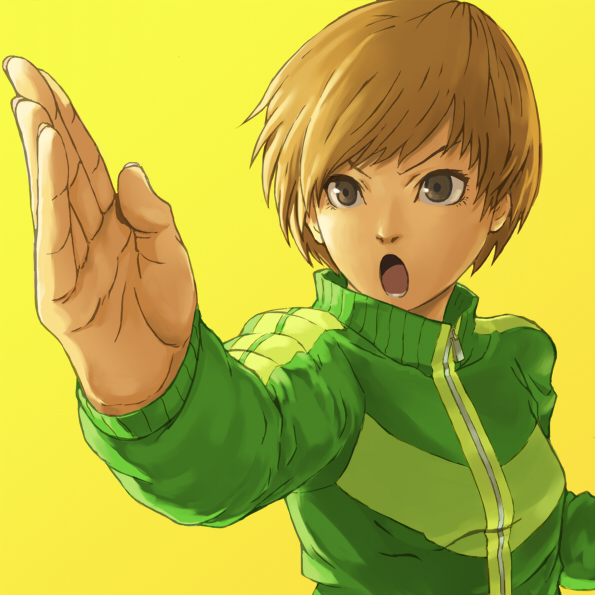 senri, shigumo (shigeru), satonaka chie, atlus, persona, persona 4, 1girl, brown eyes, brown hair, female focus, fighting stance, jacket, open mouth, short hair, simple background, solo