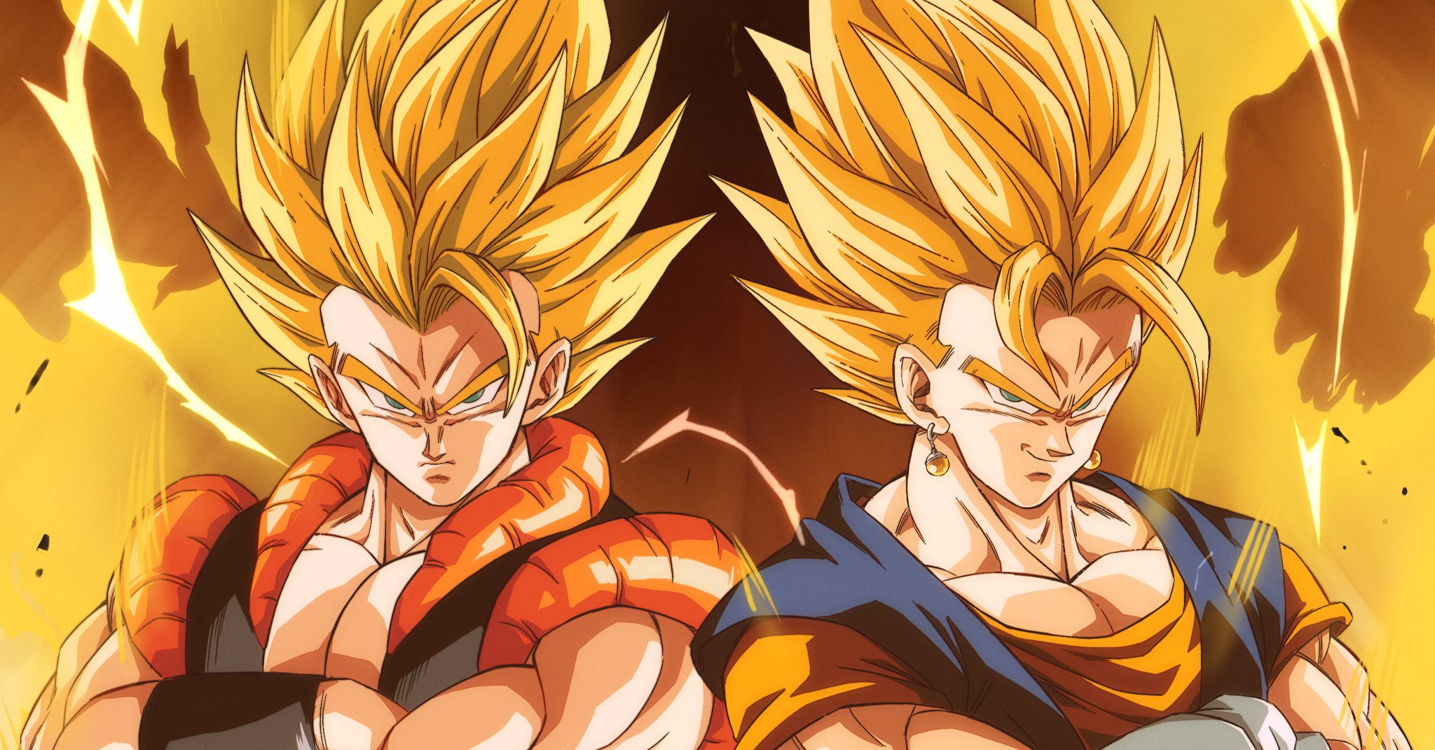 catdestroyer, gogeta, vegetto, dragon ball, dragonball z, highres, 2boys, aura, black vest, blonde hair, blue shirt, crossed arms, earrings, gloves, green eyes, jewelry, male focus, medium hair, multiple boys, muscular, muscular male, no shirt, orange shirt, potara earrings, shirt, smirk, spiked hair, super saiyan, super saiyan 1, upper body, vest, white gloves