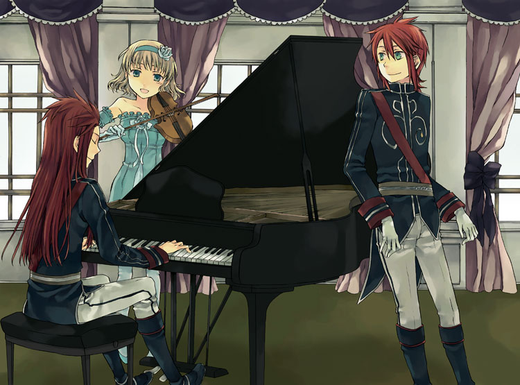 asch (tales), luke fon fabre, natalia luzu kimlasca lanvaldear, tales of (series), tales of the abyss, uniform, artist request, bad id, bad pixiv id, source request, 00s, 1girl, 2boys, alternate costume, blonde hair, blue hairband, boots, gloves, grand piano, green eyes, hairband, instrument, knee boots, long hair, multiple boys, official alternate costume, piano, piano bench, red hair, short hair, smile, violin