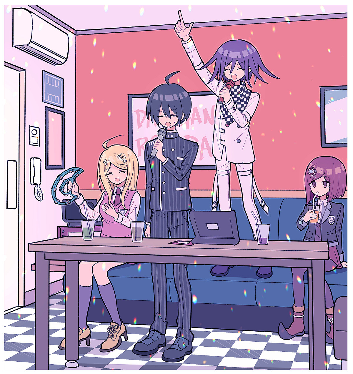 xiao (grsnss25), akamatsu kaede, oma kokichi, saihara shuichi, yumeno himiko, danganronpa (series), danganronpa v3: killing harmony, commentary request, highres, 2boys, 2girls, ahoge, arm up, black hair, black jacket, blonde hair, blush, border, buttons, checkered clothes, checkered scarf, cheering, closed eyes, collared jacket, collared shirt, corded phone, couch, double-breasted, drinking straw, flipped hair, fortissimo, gem hair ornament, hair between eyes, hair ornament, holding, holding microphone, indoors, instrument, jacket, karaoke, karaoke box, long hair, long sleeves, microphone, multicolored buttons, multiple boys, multiple girls, music, musical note, musical note hair ornament, necktie, on couch, open mouth, pants, pantyhose, phone, phone on wall, pink sweater vest, pink vest, pinstripe jacket, pinstripe pants, pinstripe pattern, pointing, pointing up, pointy boots, purple hair, red eyes, red hair, scarf, school uniform, shirt, short hair, singing, sitting, skirt, smile, standing, striped clothes, striped jacket, sweater vest, table, tablet pc, tambourine, thigh strap, two-tone scarf, vest, white border, white shirt