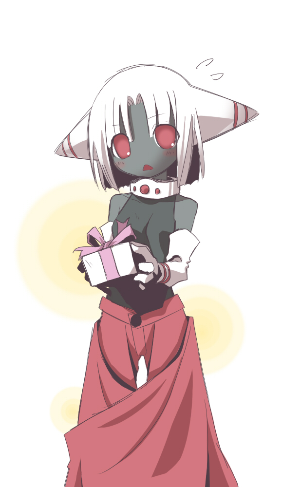 poppant, nintendo, super smash bros., 1girl, black skin, colored skin, female focus, gift, gloves, holding, holding gift, personification, red eyes, solo
