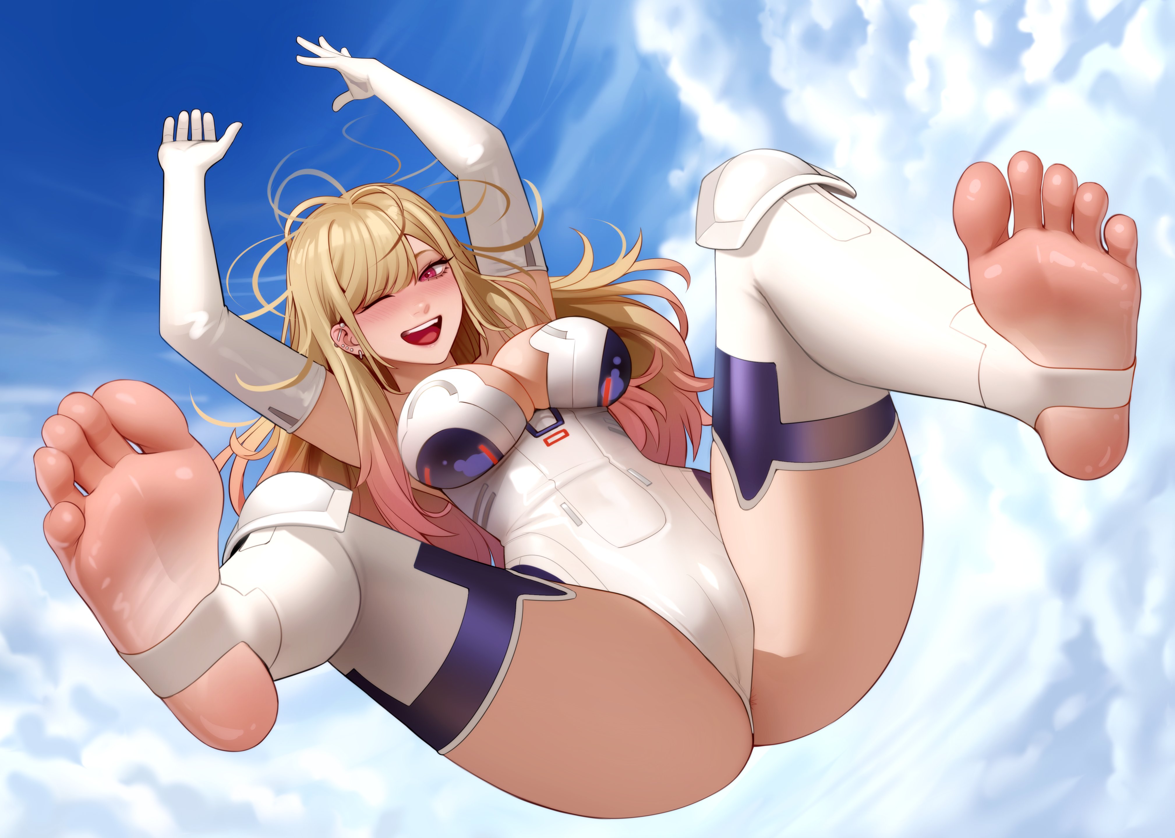 kairunoburogu, kitagawa marin, yellow heart (neptunia), choujigen game neptune, neptune (series), sono bisque doll wa koi wo suru, absurdres, commentary, english commentary, highres, 1girl, :d, arms up, blonde hair, blue sky, blush, breasts, cameltoe, cleavage, cleavage cutout, clothing cutout, cloud, cloudy sky, cosplay, elbow gloves, falling, feet, full body, gloves, knee pads, large breasts, leotard, long hair, looking at viewer, multicolored hair, one eye closed, open mouth, outdoors, pink hair, red eyes, sky, smile, soles, solo, stirrup legwear, toeless legwear, toes, two-tone hair, white leotard, white theme, yellow heart (neptunia) (cosplay)