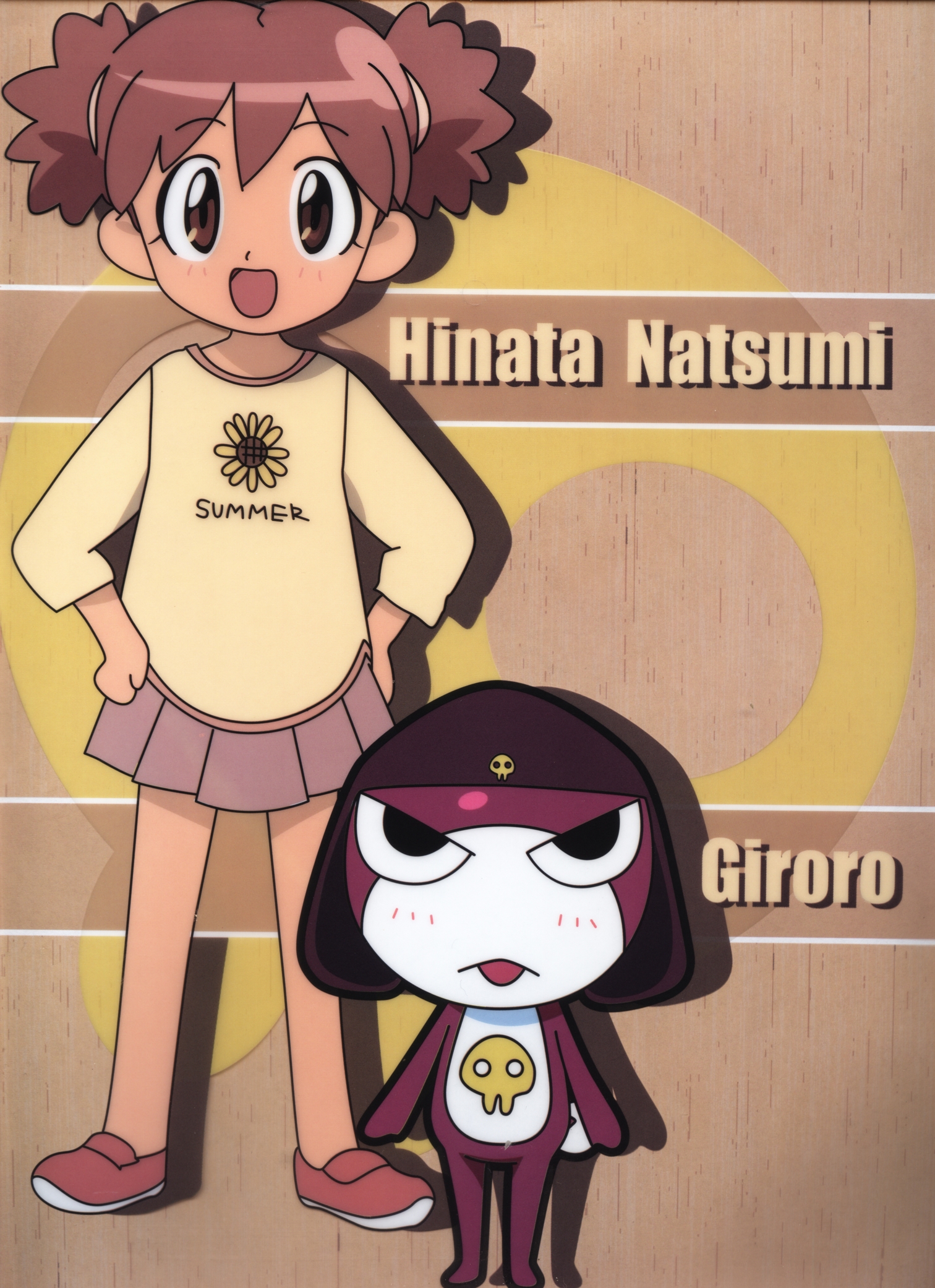 giroro, hinata natsumi, keroro gunsou, highres, scan, >:d, 1girl, :d, aged down, black eyes, clothes writing, dark-skinned female, dark skin, grey skirt, long sleeves, looking at viewer, open mouth, pleated skirt, skirt, smile, sweater, v-shaped eyebrows
