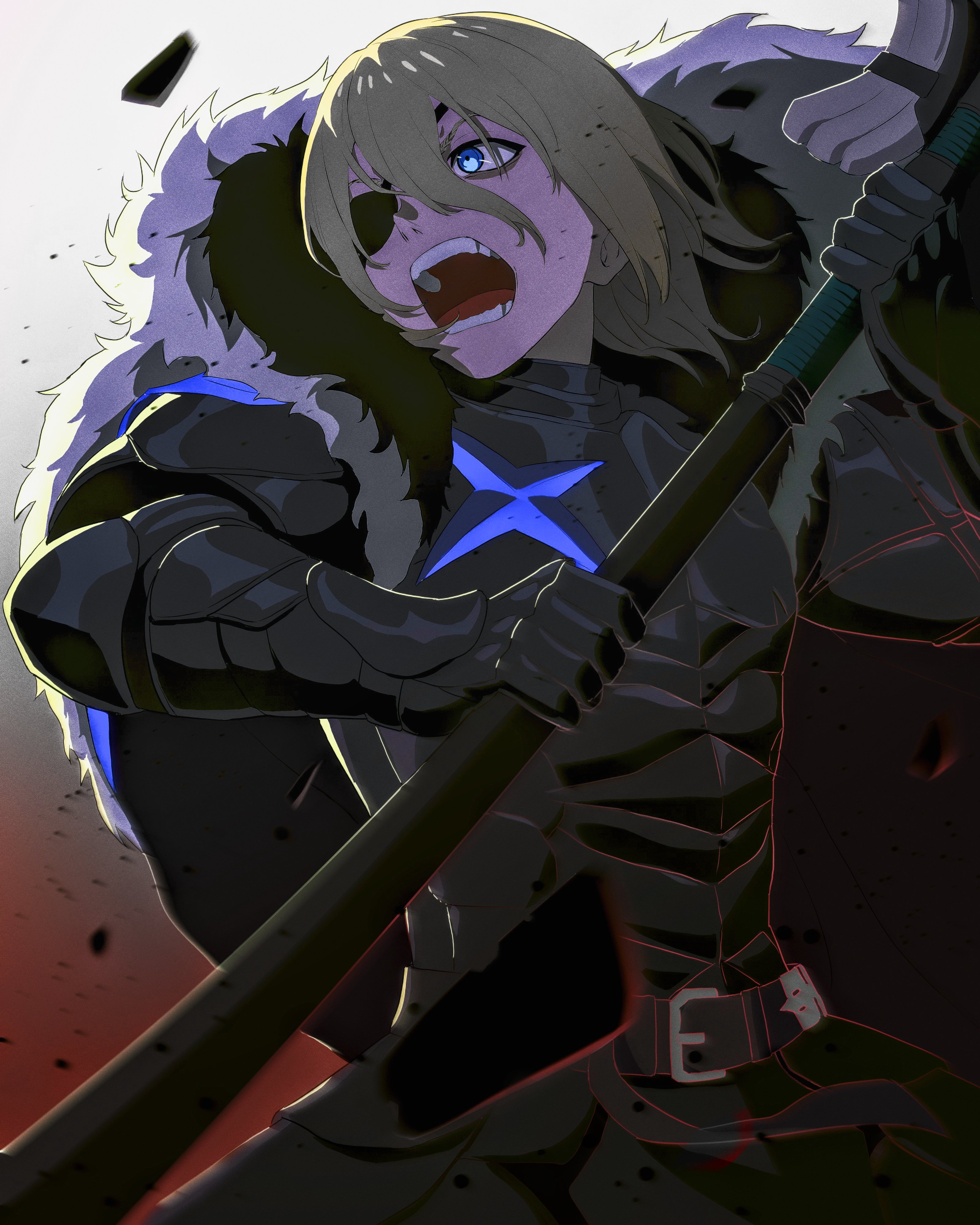 kwajia3, dimitri alexandre blaiddyd, dimitri alexandre blaiddyd (timeskip), fire emblem, fire emblem: three houses, nintendo, absurdres, commentary, commission, highres, 1boy, armor, black armor, blonde hair, breastplate, eyepatch, fur trim, gauntlets, holding, holding polearm, holding weapon, male focus, one eye covered, open mouth, polearm, short hair, solo, spear, teeth, weapon