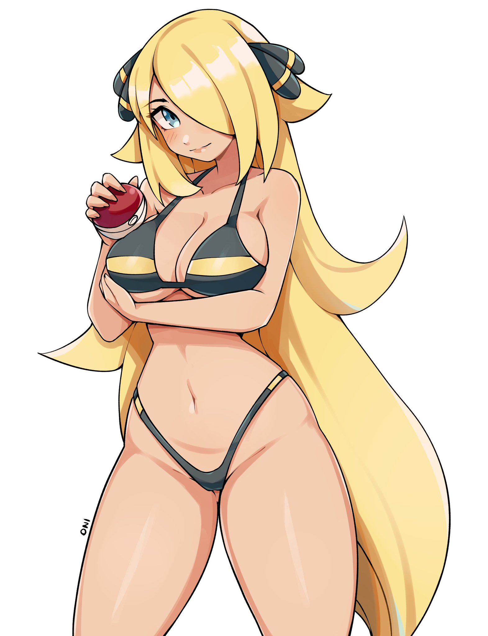 oninuer, cynthia (pokemon), nintendo, pokemon, pokemon dppt, commentary, english commentary, highres, paid reward available, 1girl, arm under breasts, bikini, black bikini, blonde hair, blue eyes, blush, breasts, cleavage, closed mouth, collarbone, cowboy shot, hair ornament, hair over one eye, hand up, highleg, highleg bikini, holding, holding poke ball, large breasts, long hair, looking at viewer, navel, one eye covered, parted bangs, poke ball, poke ball (basic), simple background, smile, solo, stomach, swimsuit, thighs, very long hair, white background