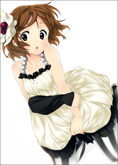 mizuki makoto, hirasawa yui, don't say "lazy", k-on!, 00s, 1girl, black & white, bow, brown eyes, brown hair, dress, female focus, hair bow, pantyhose, patterned legwear, short hair, simple background, solo, striped clothes, striped pantyhose, vertical-striped clothes, vertical-striped pantyhose, white dress
