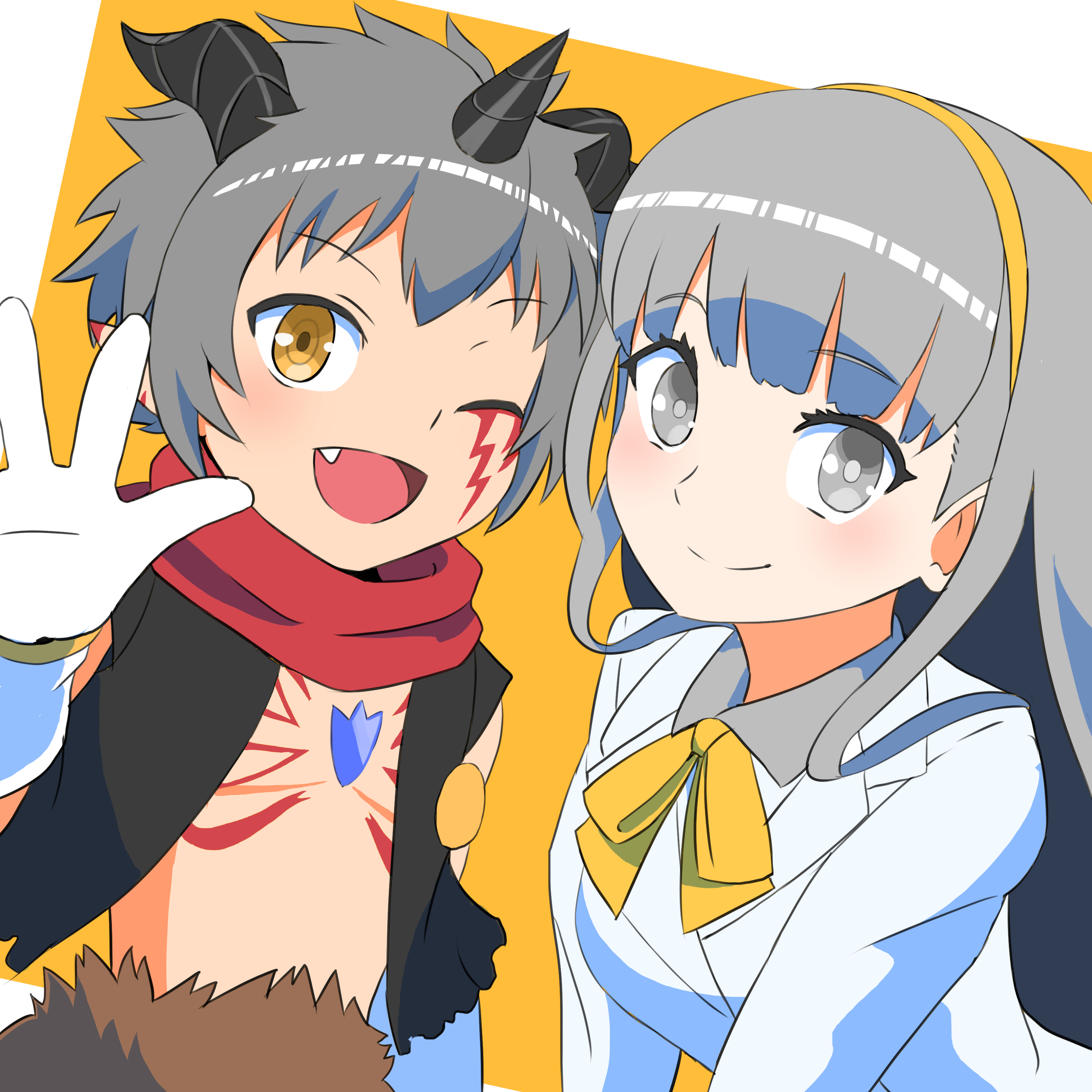 yamamoto zetta, aegiomon, misono inori, digimon, digimon story: time stranger, absurdres, highres, 1boy, 1girl, animal legs, black vest, body markings, border, breasts, brown fur, chest jewel, digimon (creature), facial mark, fang, goat boy, grey eyes, grey hair, grey shirt, horns, jacket, no shirt, one eye closed, pointy ears, shirt, simple background, vest, white border, white jacket, yellow background, yellow eyes